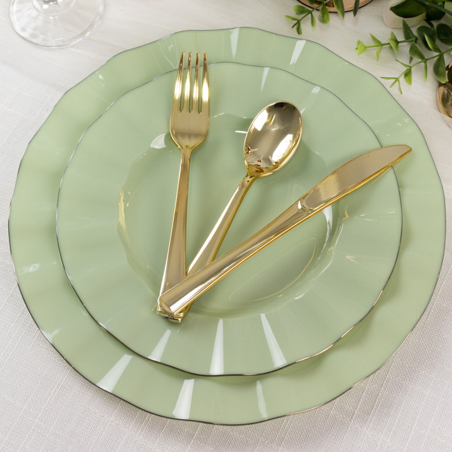 10 Pack 9" Sage Green Heavy Duty Disposable Dinner Plates with Gold Ruffled Rim, Hard Plastic Dinnerware