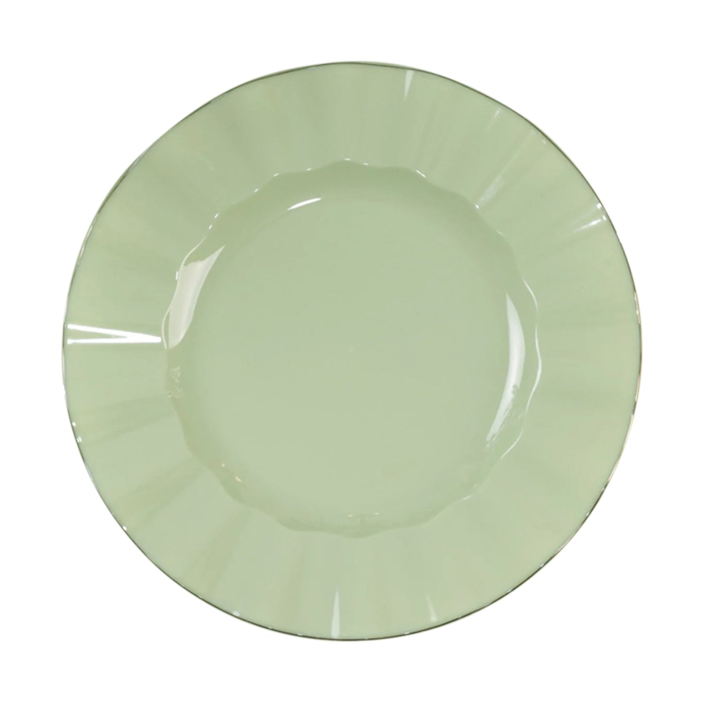 10 Pack 9" Sage Green Heavy Duty Disposable Dinner Plates with Gold Ruffled Rim, Hard Plastic Dinnerware