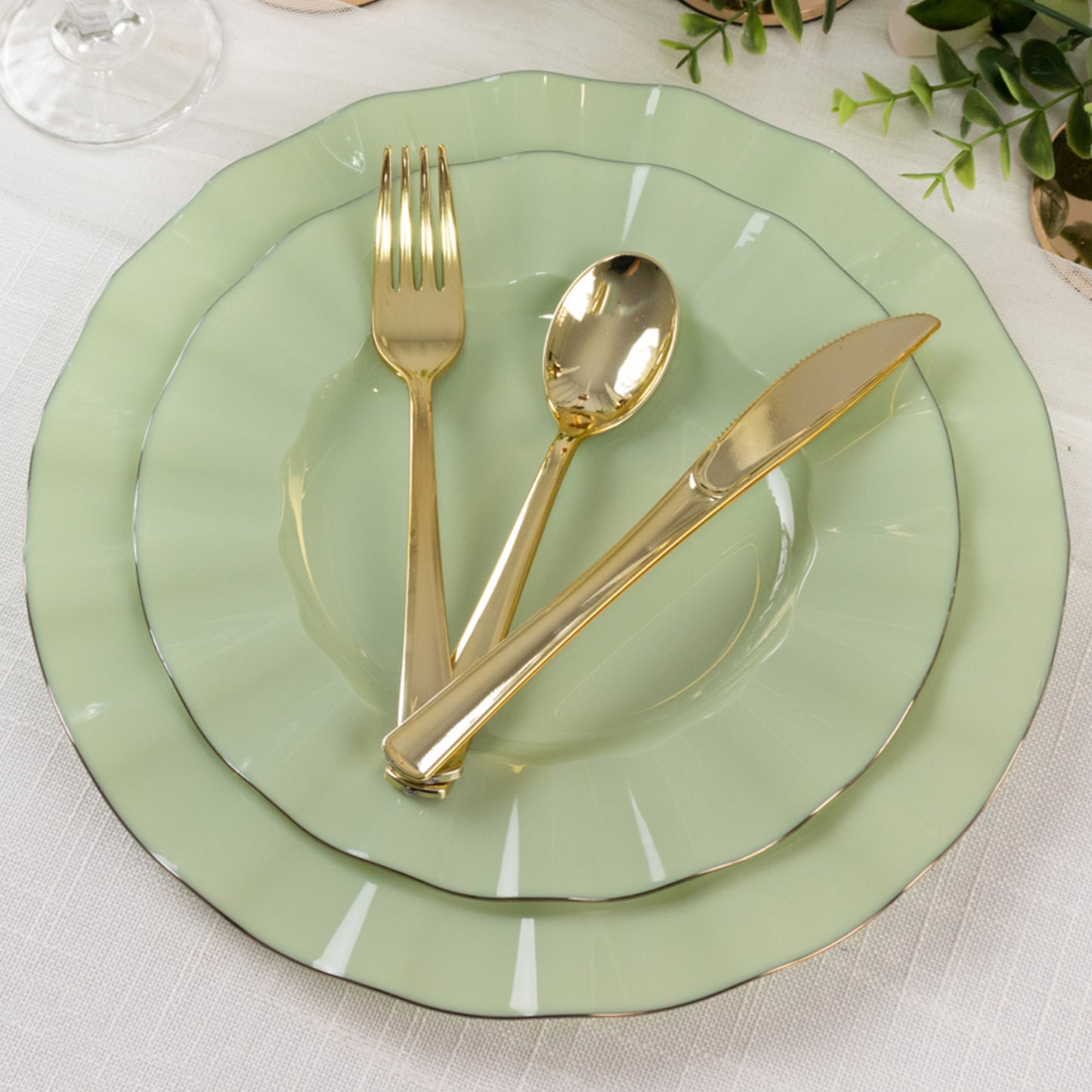 10 Pack 9" Sage Green Heavy Duty Disposable Dinner Plates with Gold Ruffled Rim, Hard Plastic Dinnerware