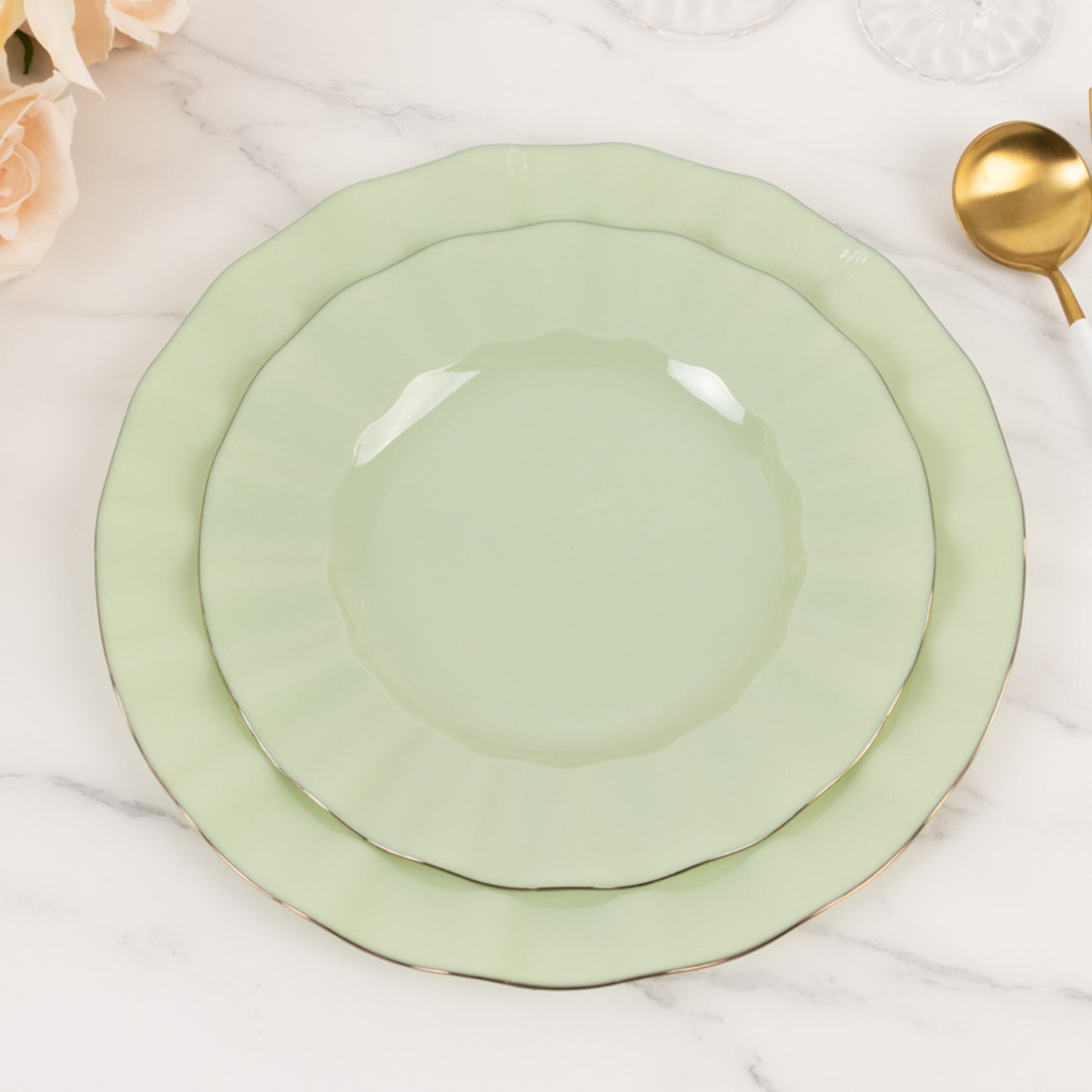 10 Pack 9" Sage Green Heavy Duty Disposable Dinner Plates with Gold Ruffled Rim, Hard Plastic Dinnerware