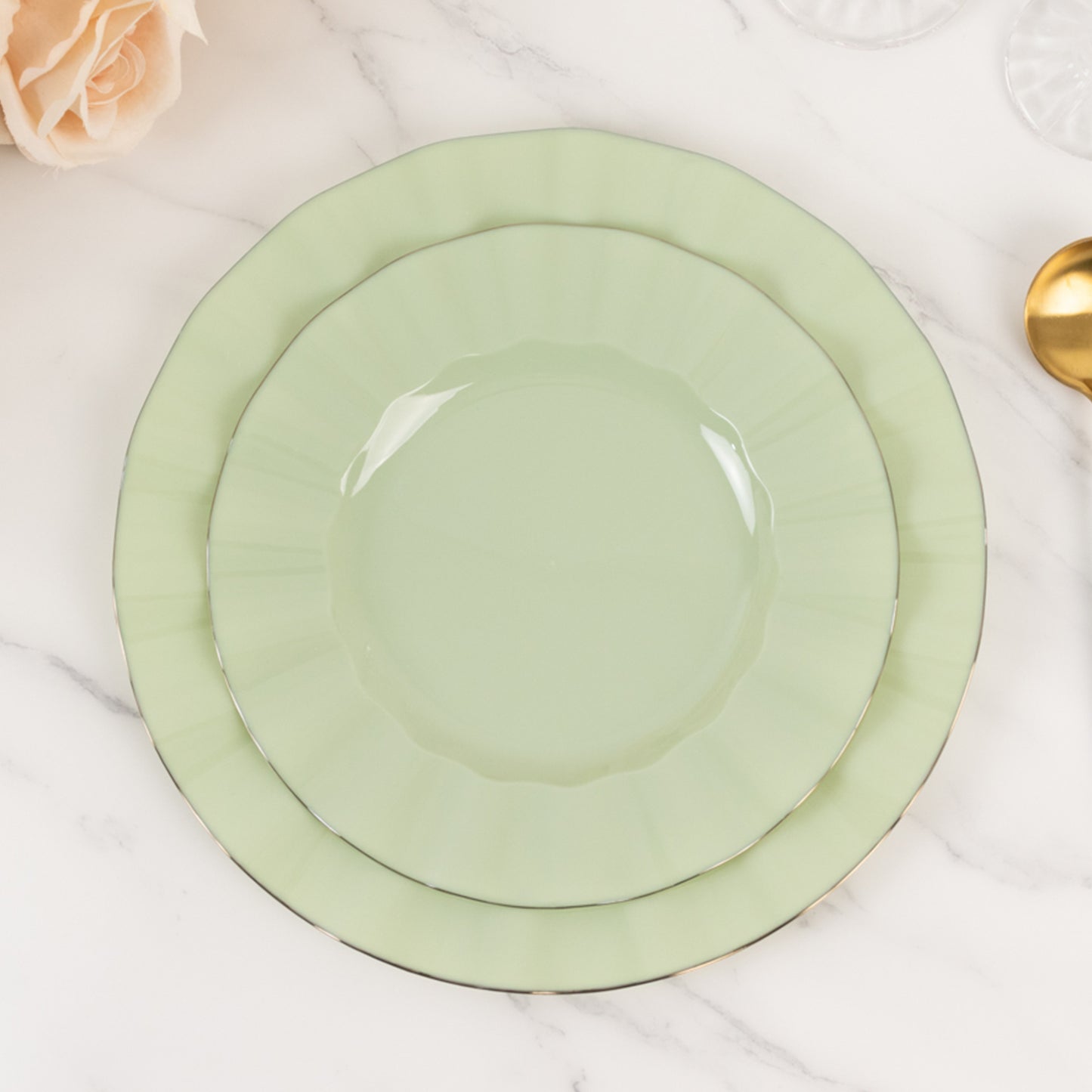 10 Pack 9" Sage Green Heavy Duty Disposable Dinner Plates with Gold Ruffled Rim, Hard Plastic Dinnerware