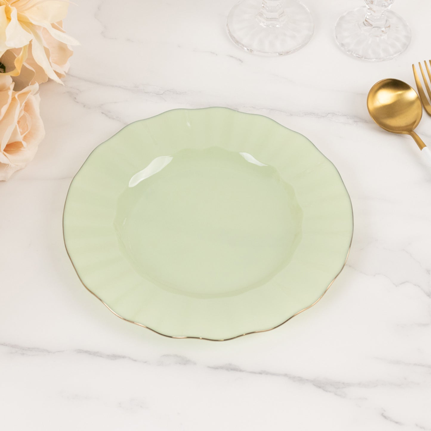 10 Pack 9" Sage Green Heavy Duty Disposable Dinner Plates with Gold Ruffled Rim, Hard Plastic Dinnerware