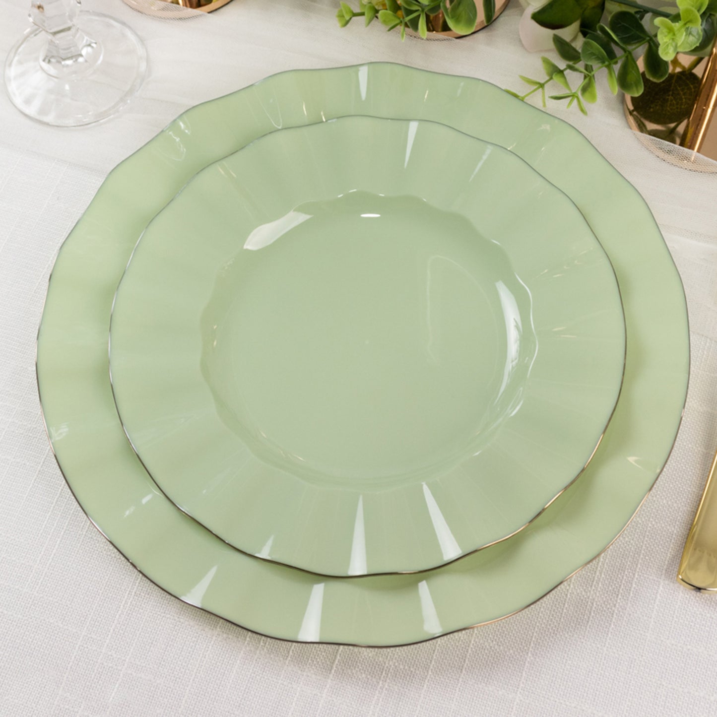 10 Pack 9" Sage Green Heavy Duty Disposable Dinner Plates with Gold Ruffled Rim, Hard Plastic Dinnerware