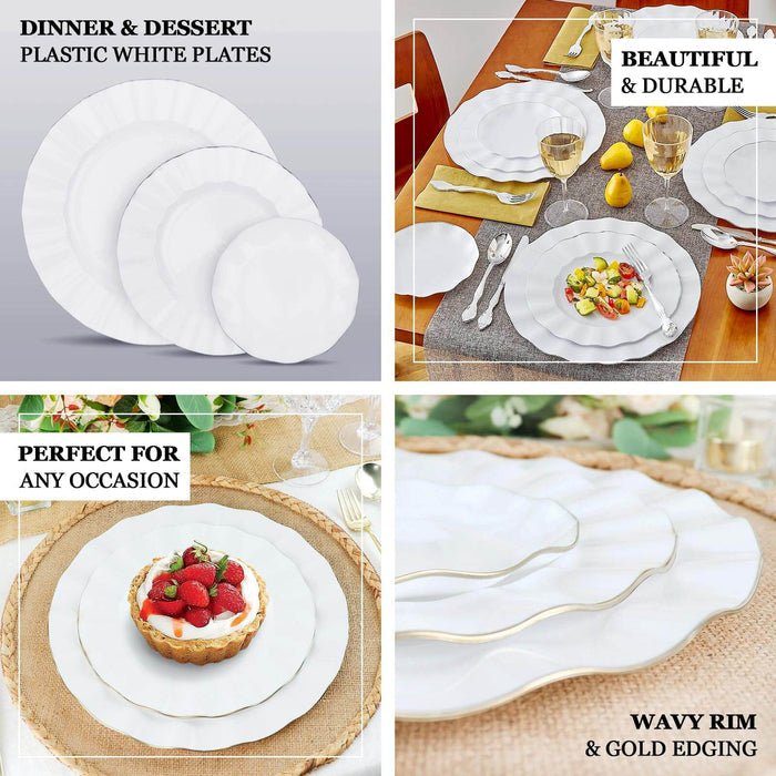 10 Pack | 9" White Hard Plastic Dinner Plates with Gold Ruffled Rim, Heavy Duty Disposable Dinnerware