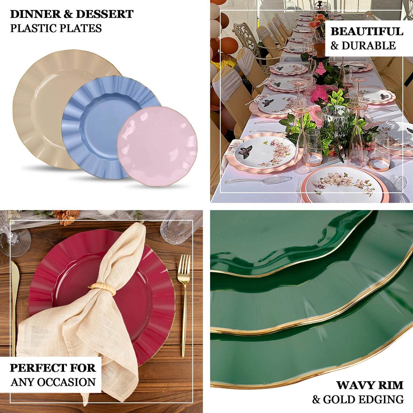 Gold ruffled rim disposable dinner plates in coffee brown.