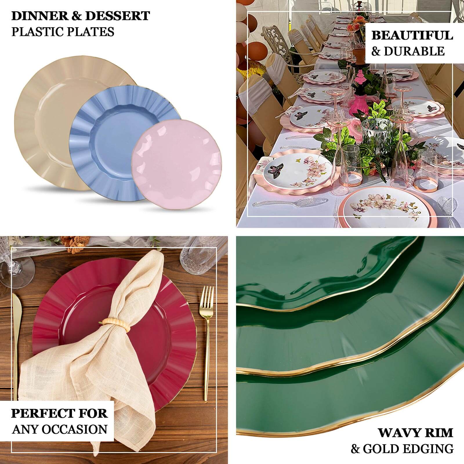 Gold ruffled rim disposable dinner plates in coffee brown.