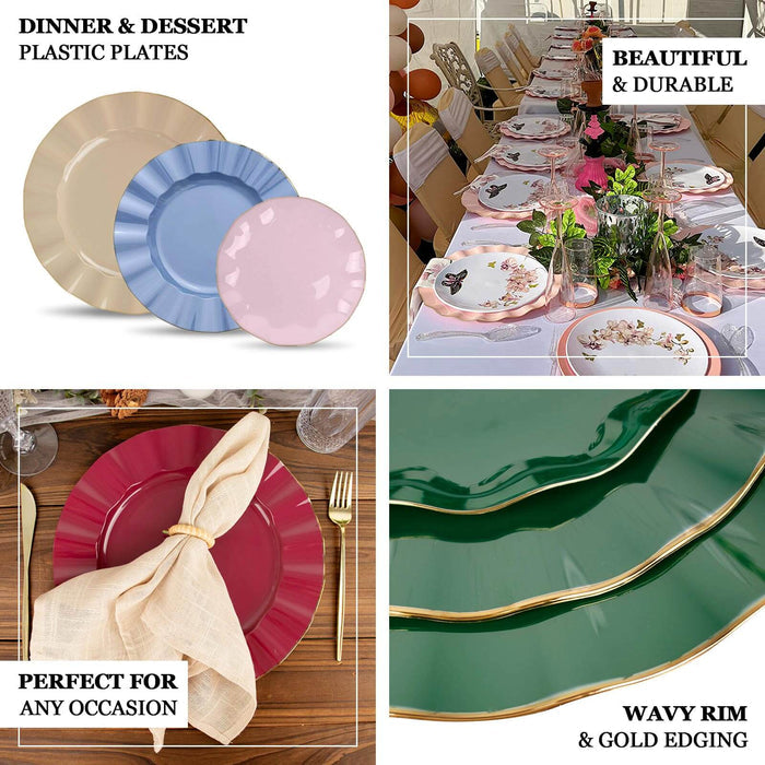 Blush plastic dinner plates with gold ruffled rim for elegant dining.