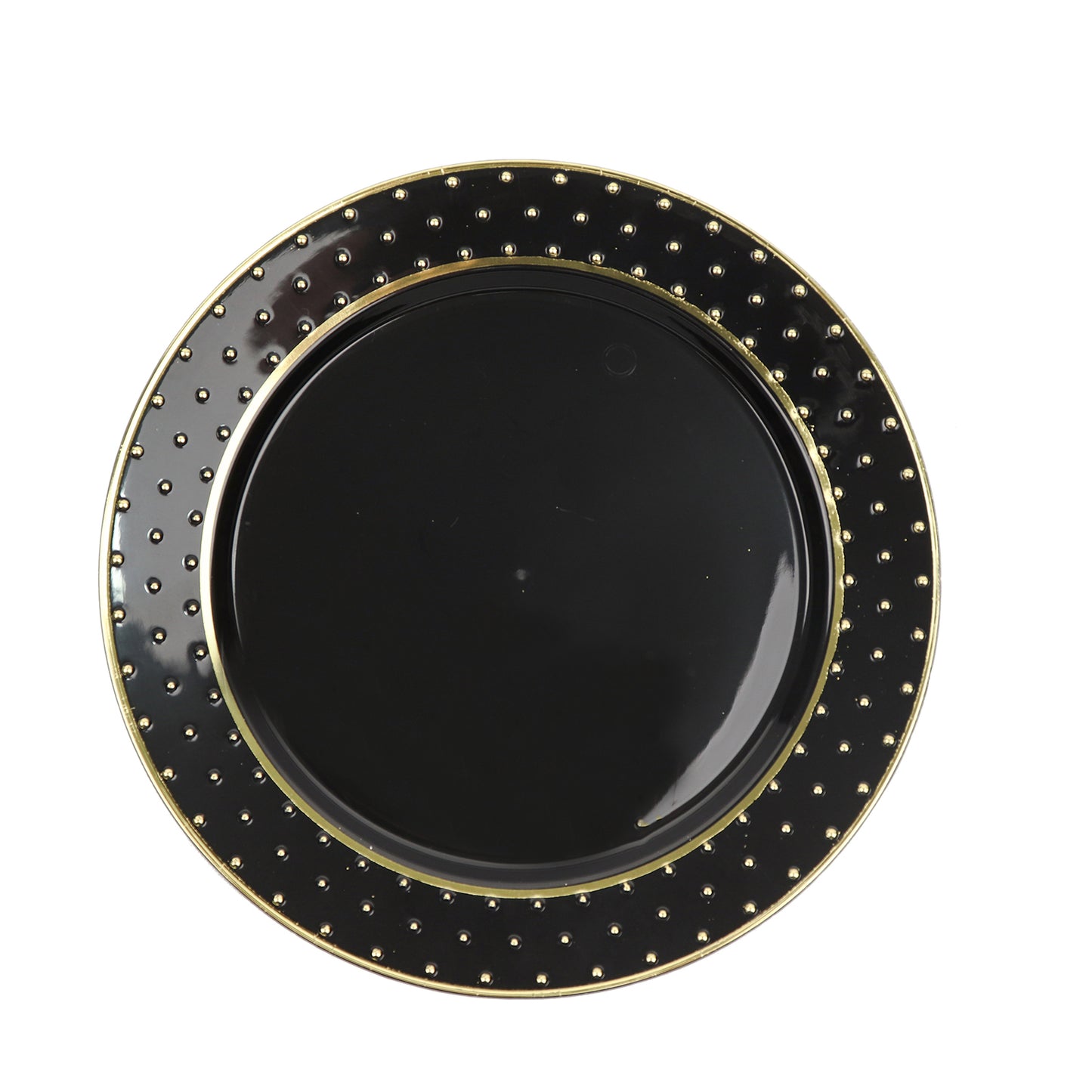 10 Pack | 10" Black / Gold 3D Round Plastic Dinner Plates, Disposable Party Serving Plates With 3D Polka Dotted Rim