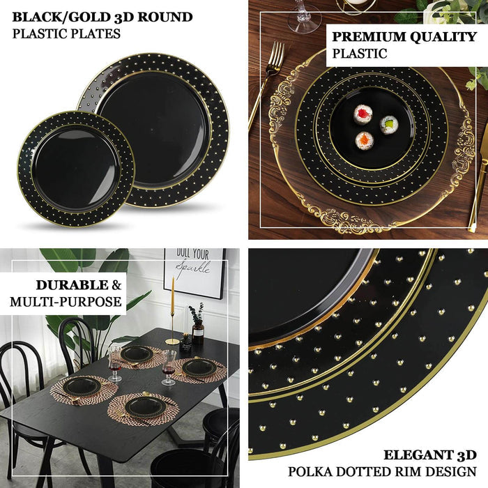 10 Pack | 10" Black / Gold 3D Round Plastic Dinner Plates, Disposable Party Serving Plates With 3D Polka Dotted Rim