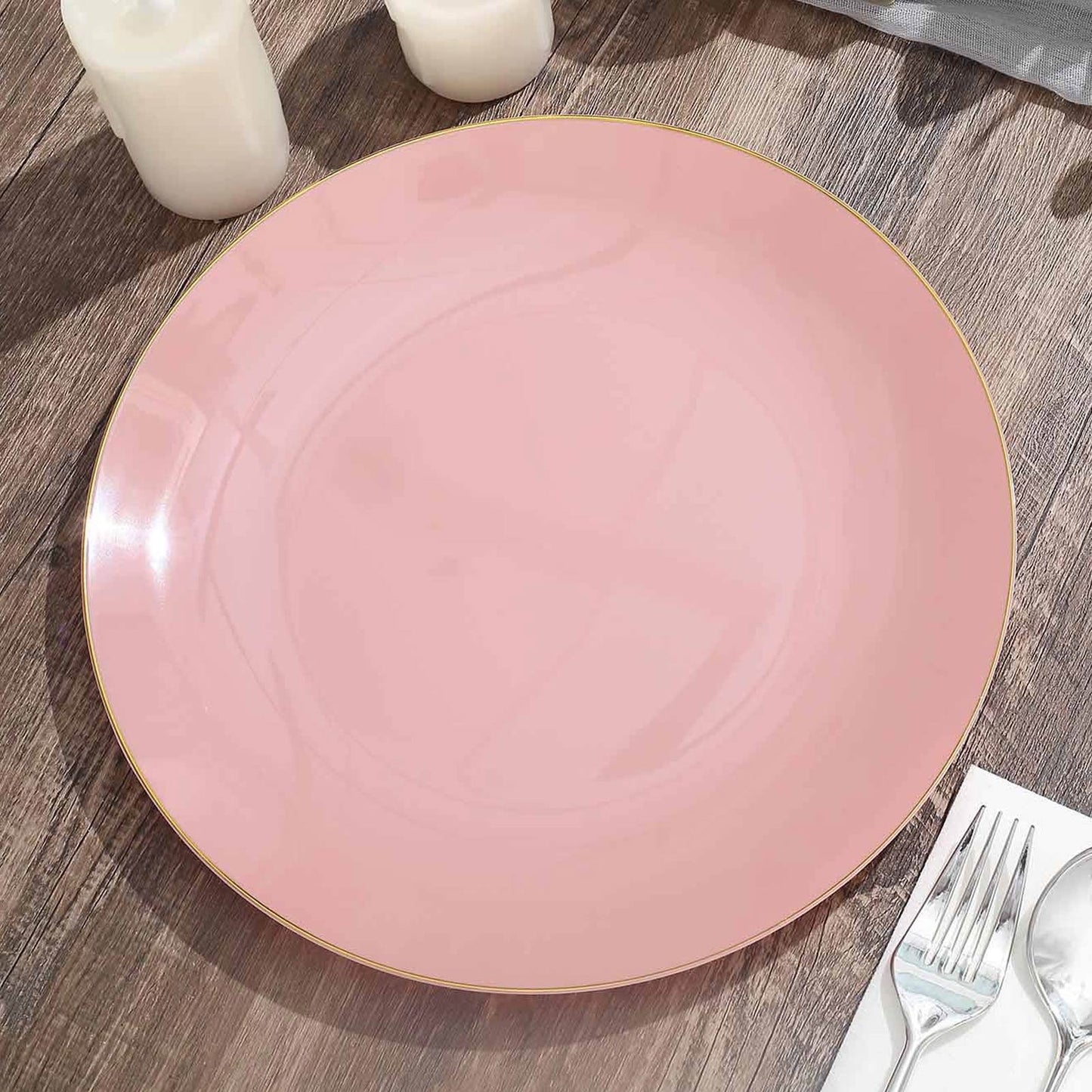 10 Pack | 10" Glossy Dusty Rose Round Plastic Dinner Plates With Gold Rim, Disposable Party Plates