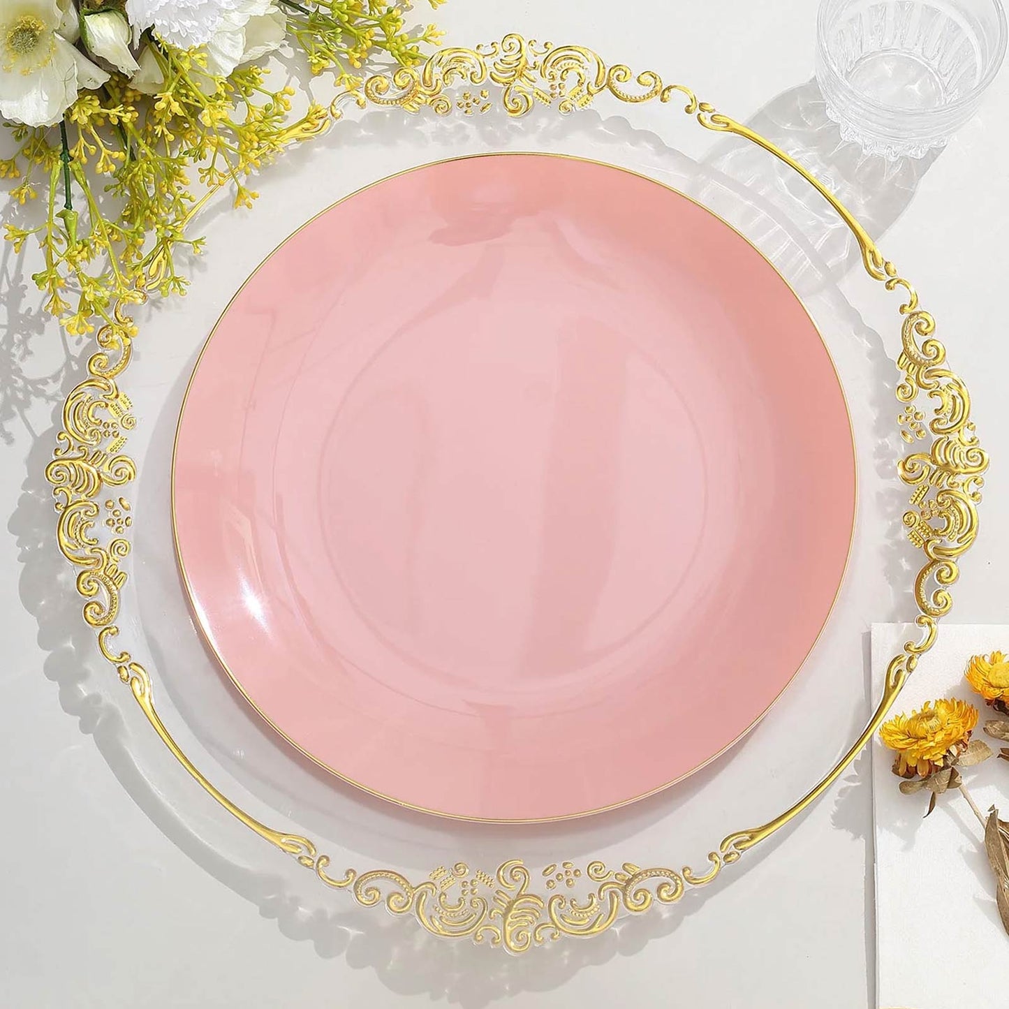 10 Pack | 10" Glossy Dusty Rose Round Plastic Dinner Plates With Gold Rim, Disposable Party Plates