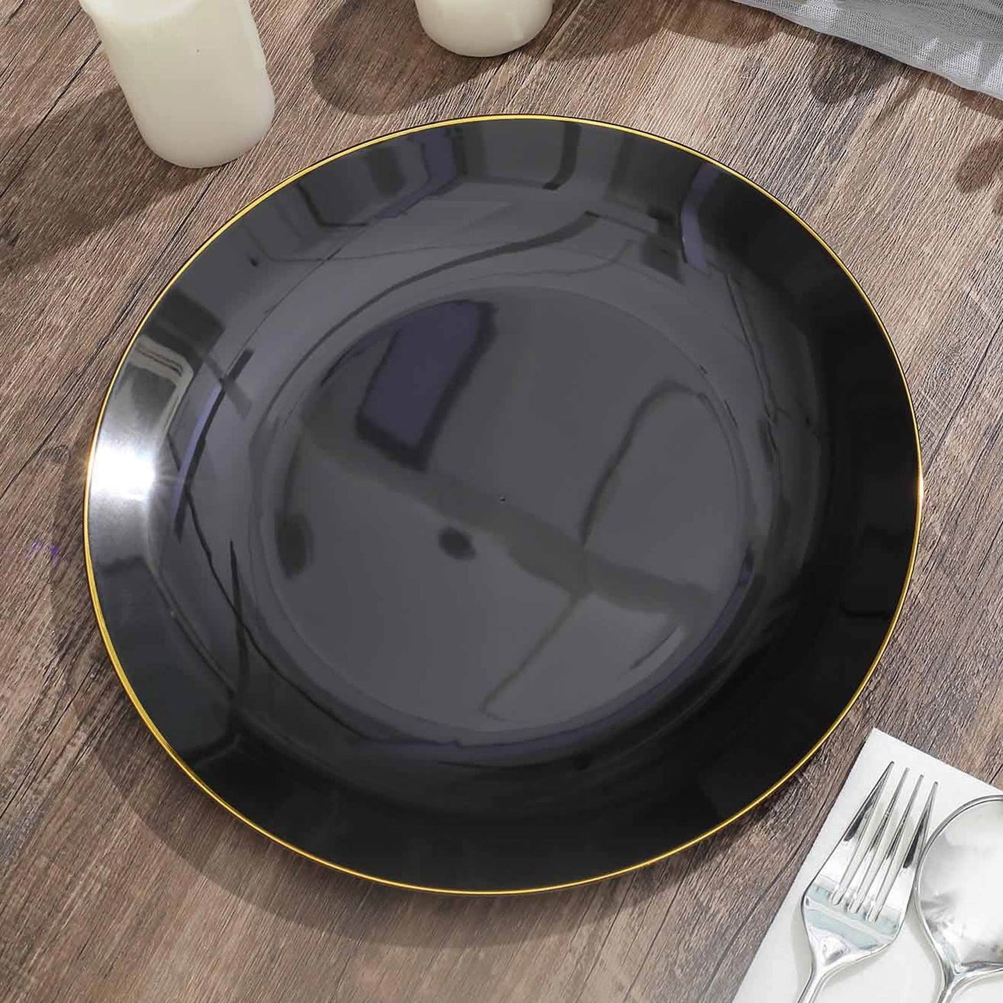 10 Pack | 10" Glossy Black Round Plastic Dinner Plates With Gold Rim, Disposable Party Plates