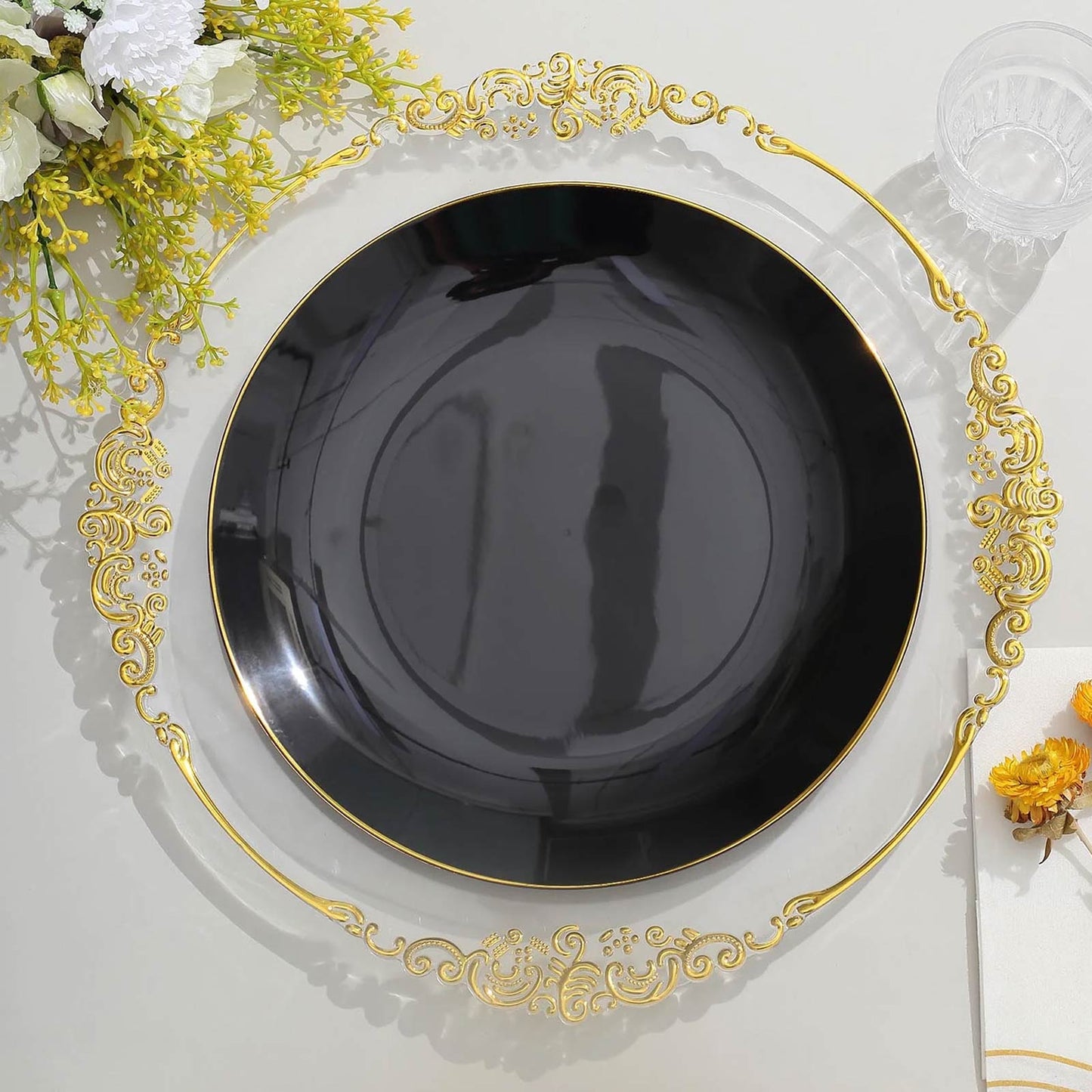 10 Pack | 10" Glossy Black Round Plastic Dinner Plates With Gold Rim, Disposable Party Plates