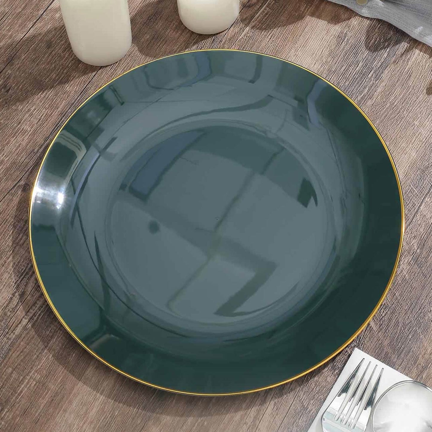 10 Pack | 10" Glossy Hunter Emerald Green Round Plastic Dinner Plates With Gold Rim, Disposable Party Plates