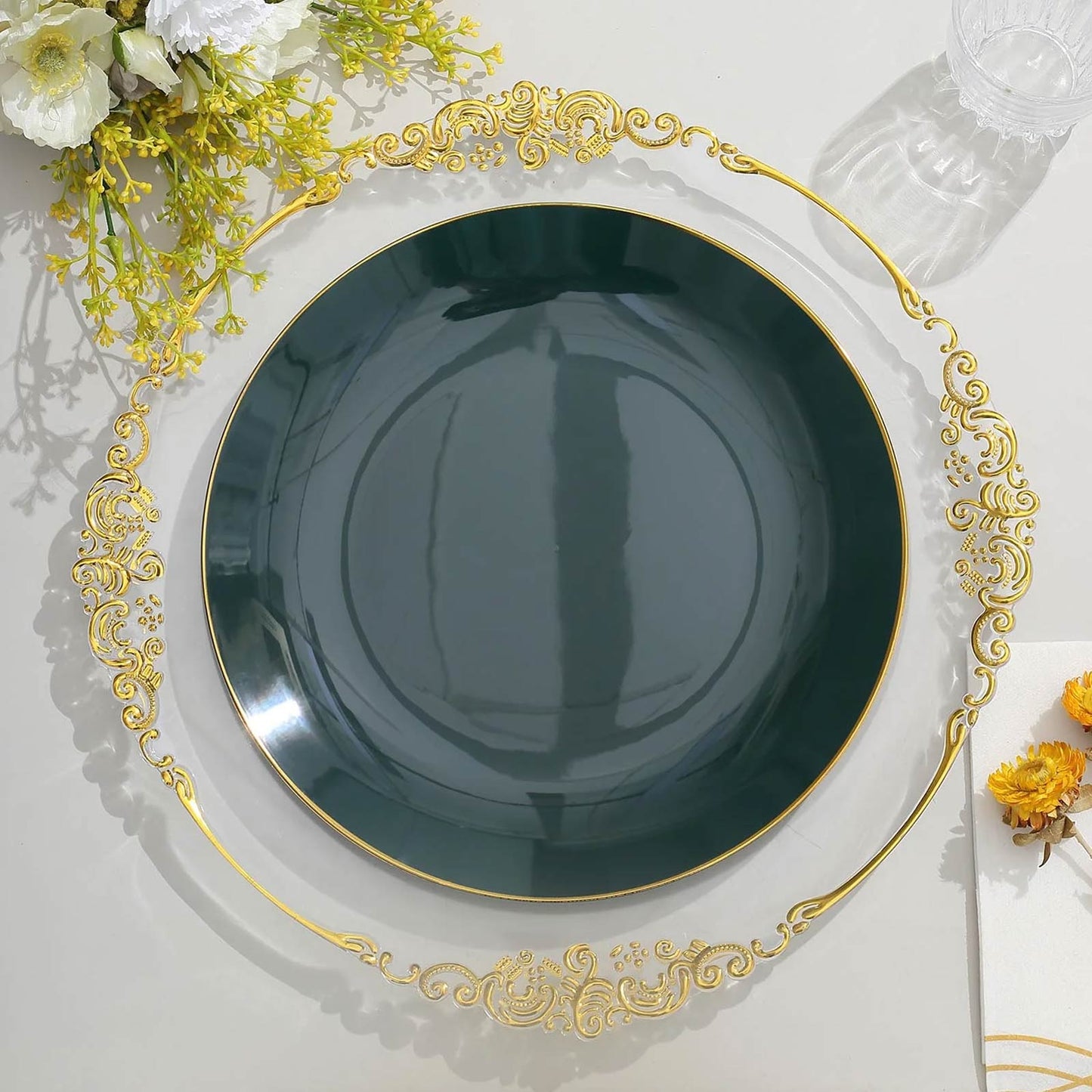 10 Pack | 10" Glossy Hunter Emerald Green Round Plastic Dinner Plates With Gold Rim, Disposable Party Plates