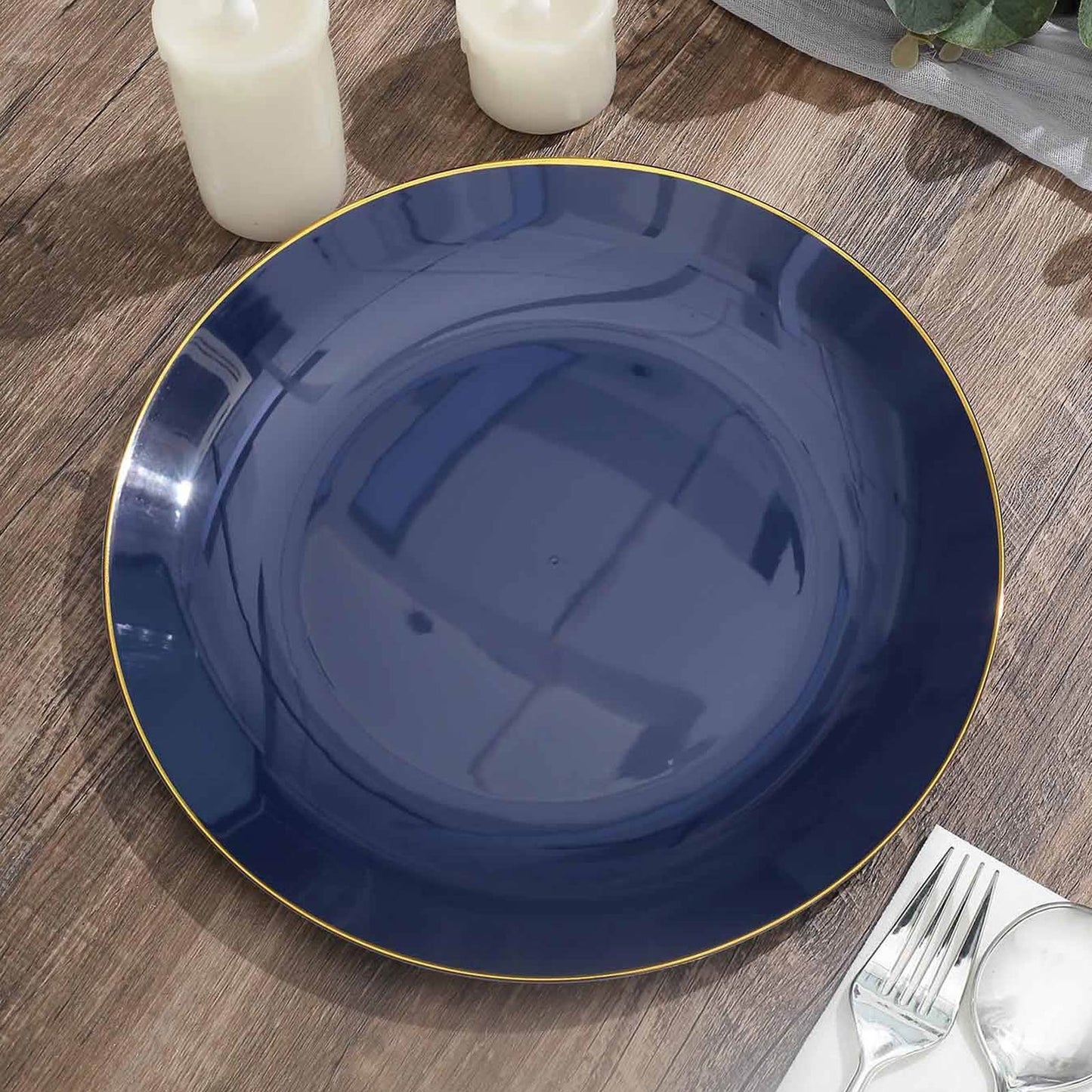 10 Pack | 10" Glossy Navy Blue Round Plastic Dinner Plates With Gold Rim, Disposable Party Plates