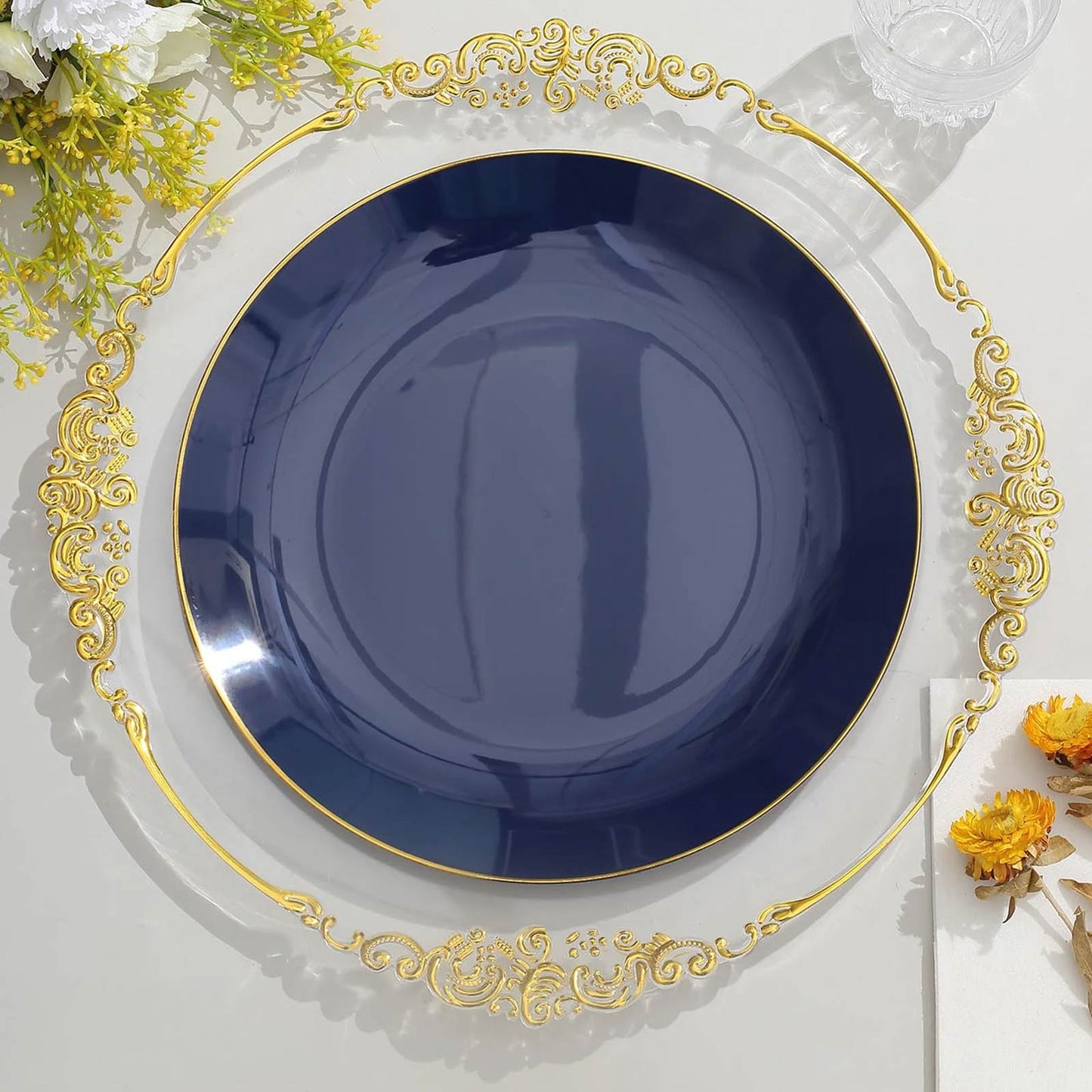 10 Pack | 10" Glossy Navy Blue Round Plastic Dinner Plates With Gold Rim, Disposable Party Plates