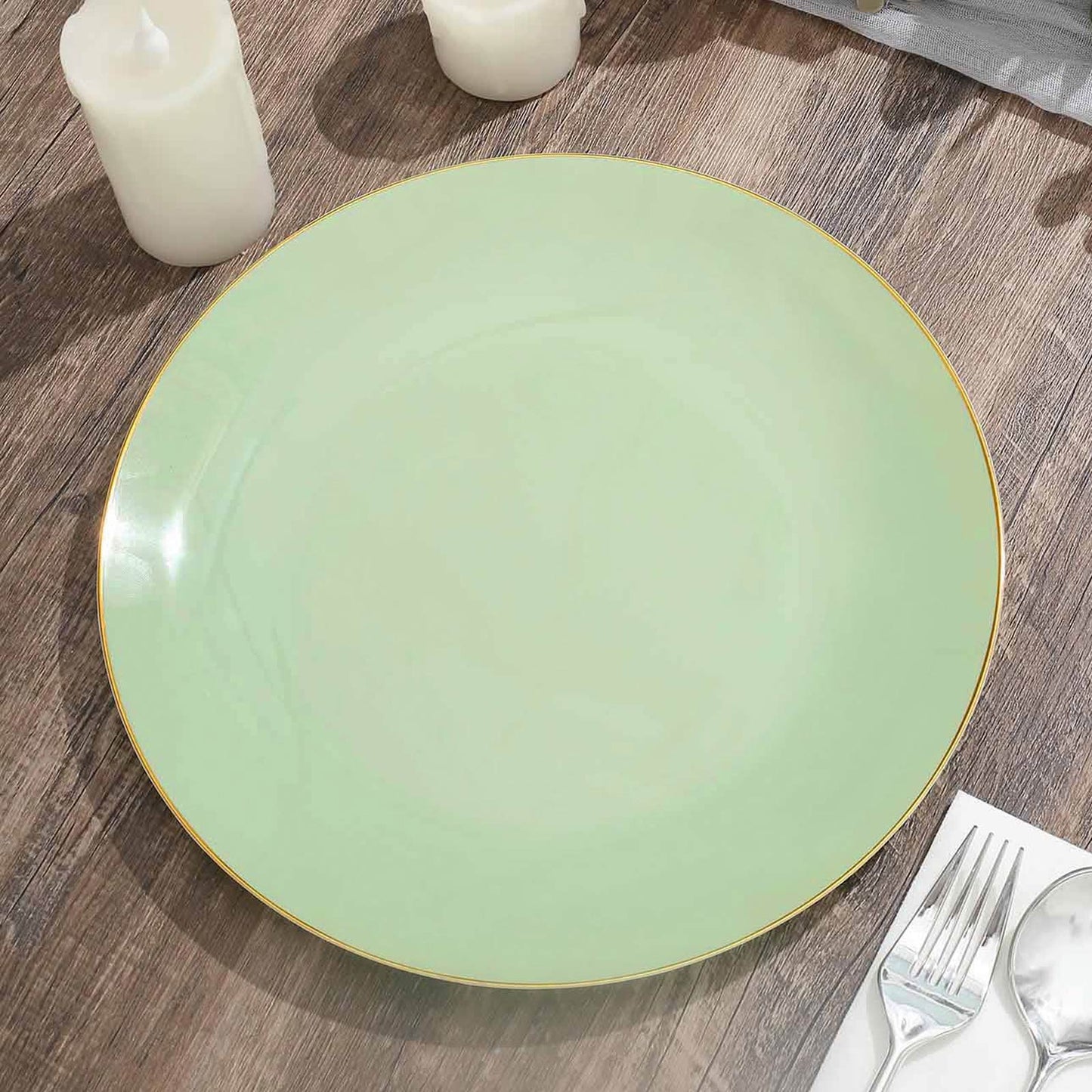 10 Pack | 10" Glossy Sage Green Round Plastic Dinner Plates With Gold Rim, Disposable Party Plates