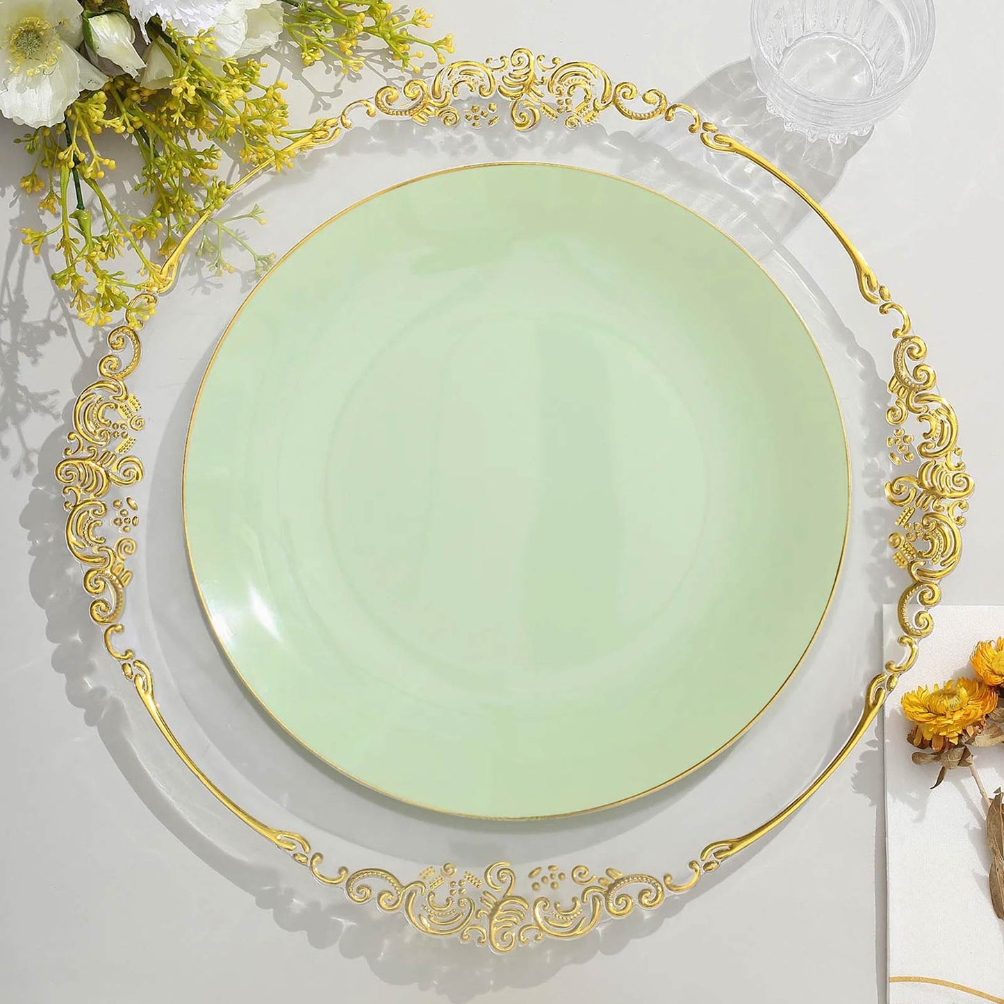 10 Pack | 10" Glossy Sage Green Round Plastic Dinner Plates With Gold Rim, Disposable Party Plates