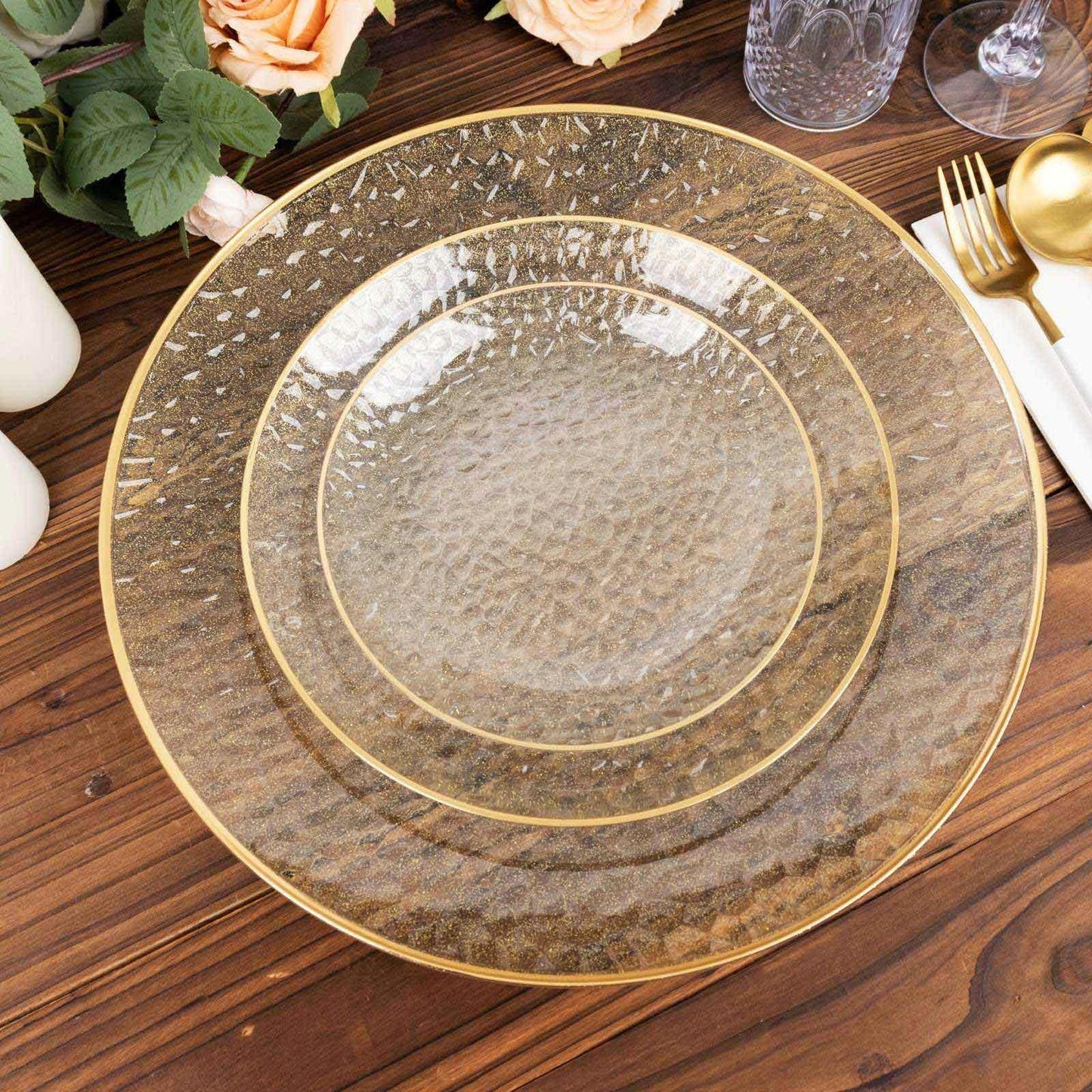 10 Pack Gold Glitter Clear Hammered Disposable Salad Plates, 7" Round Disposable Appetizer Dessert Plates With Gold Rim