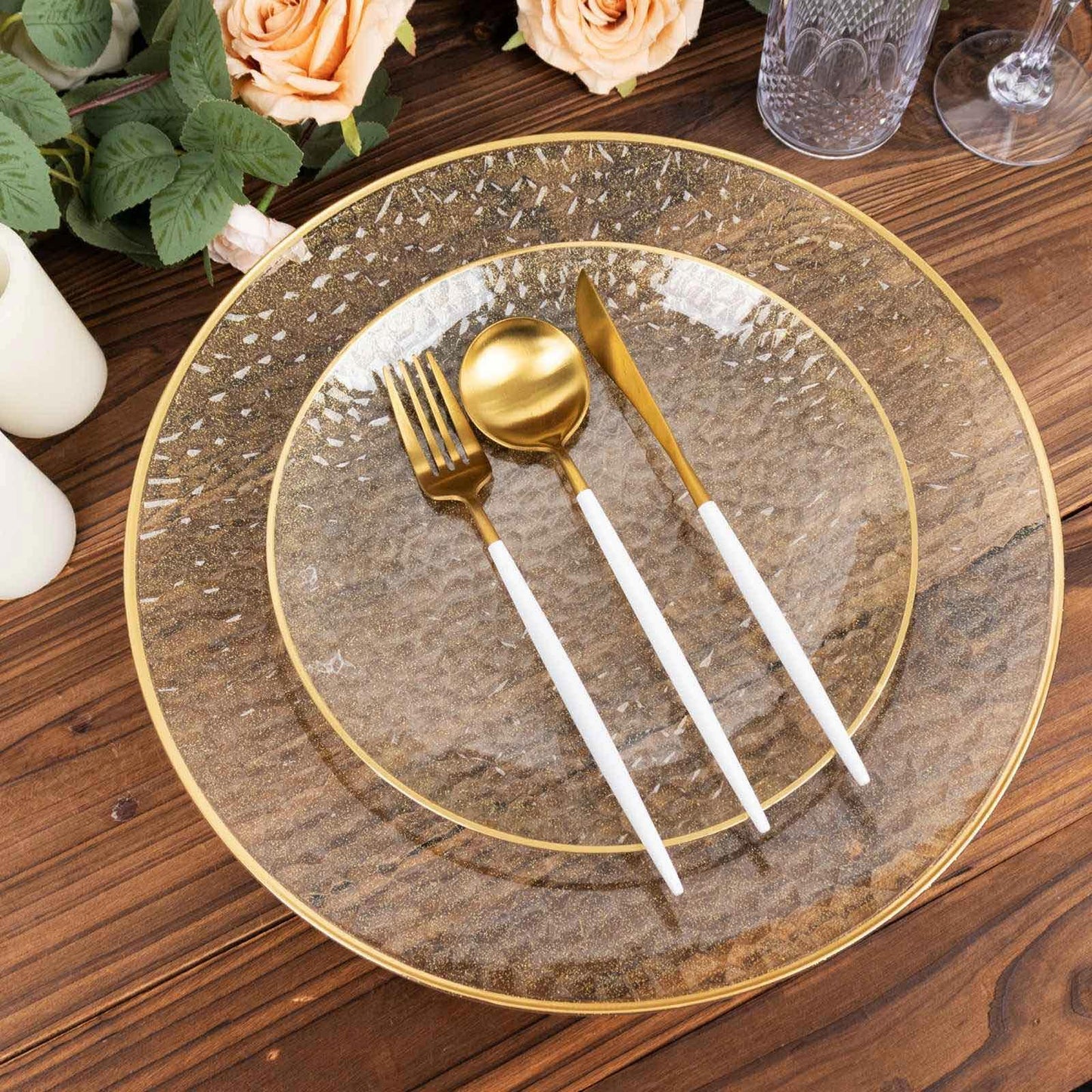 10 Pack Gold Glitter Clear Hammered Disposable Salad Plates, 7" Round Disposable Appetizer Dessert Plates With Gold Rim