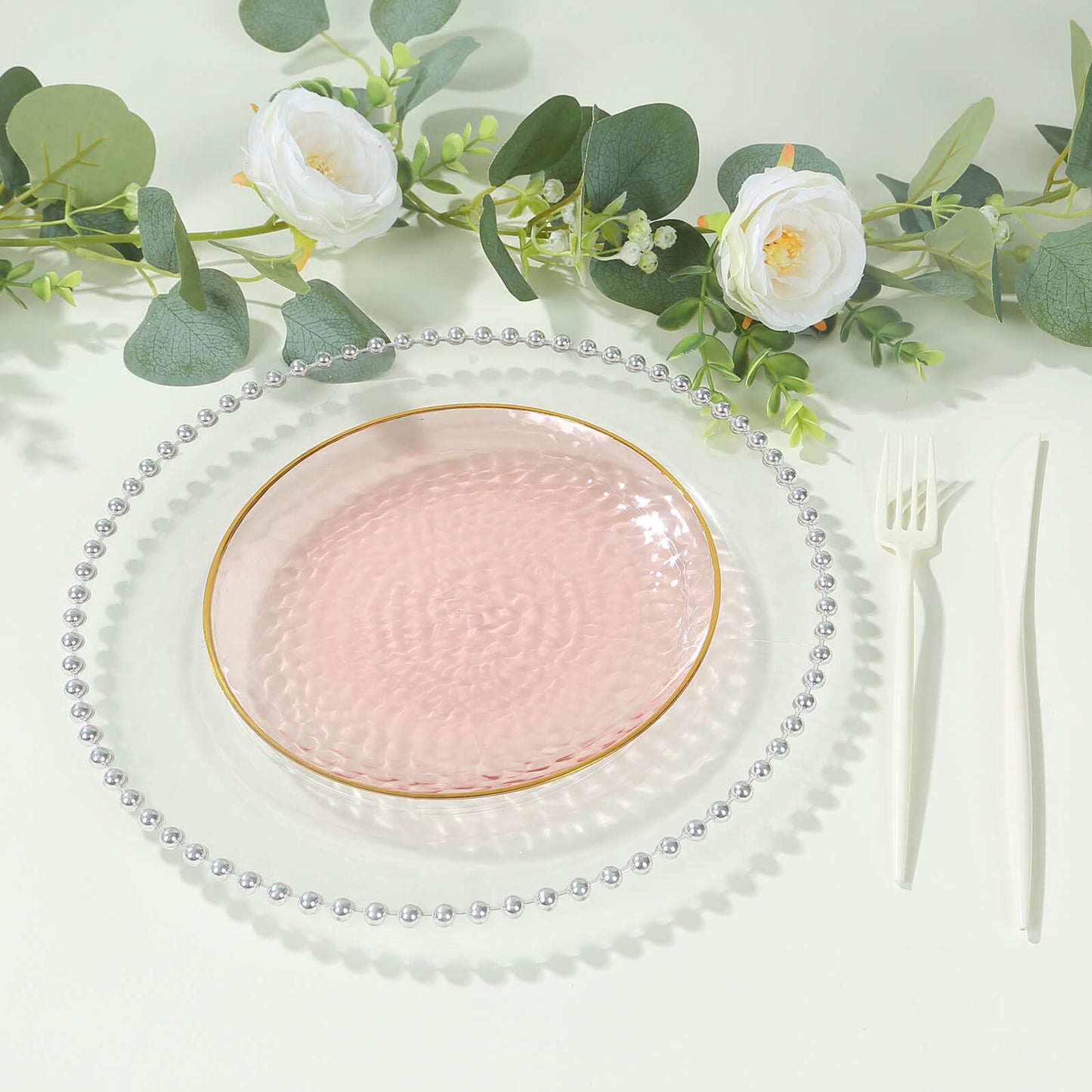 10 Pack Transparent Blush Hammered Plastic Salad Plates with Gold Rim, 7" Round Disposable Appetizer Dessert Plates