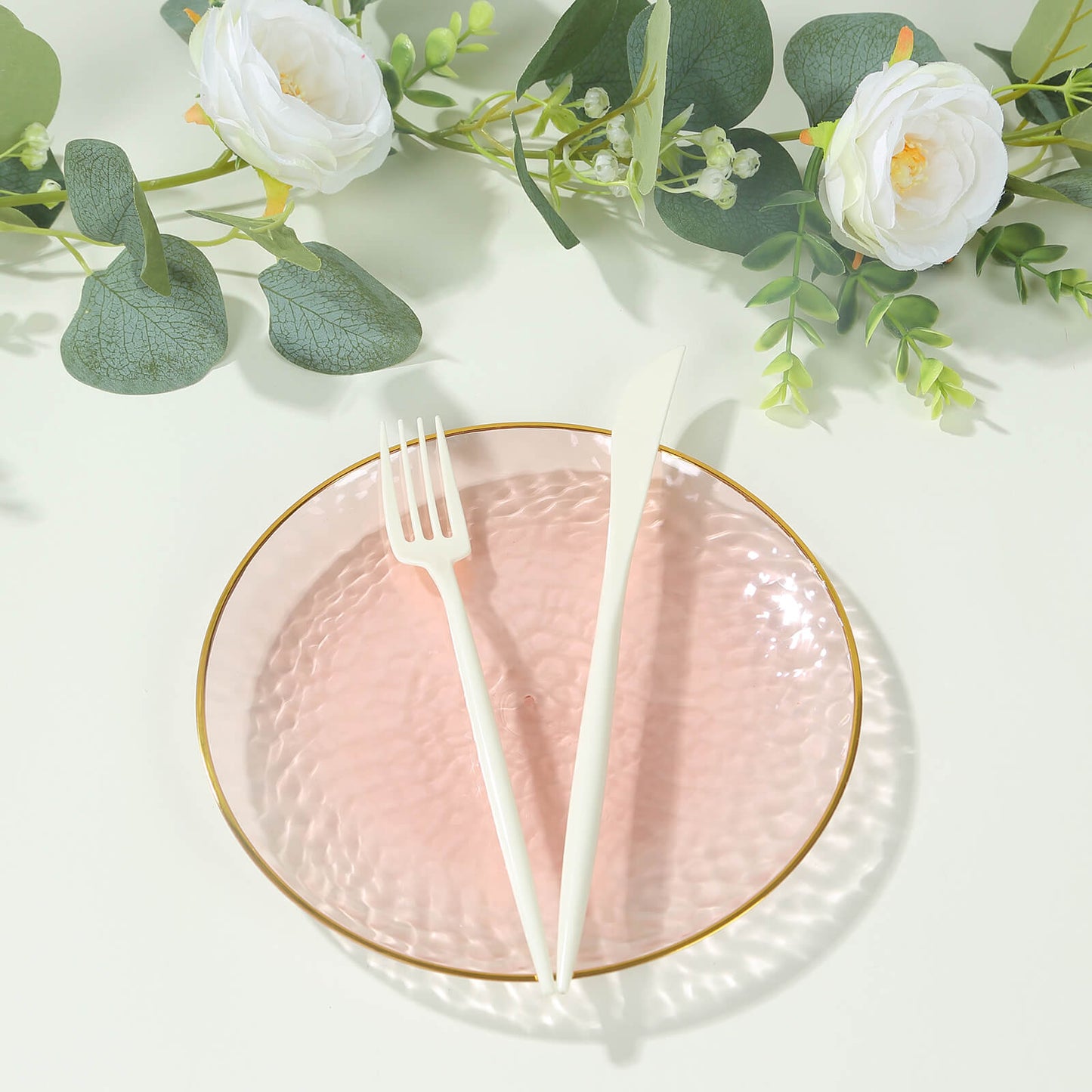 10 Pack Transparent Blush Hammered Plastic Salad Plates with Gold Rim, 7" Round Disposable Appetizer Dessert Plates