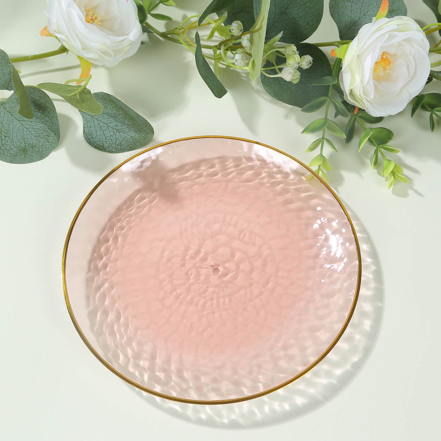 10 Pack Transparent Blush Hammered Plastic Salad Plates with Gold Rim, 7" Round Disposable Appetizer Dessert Plates