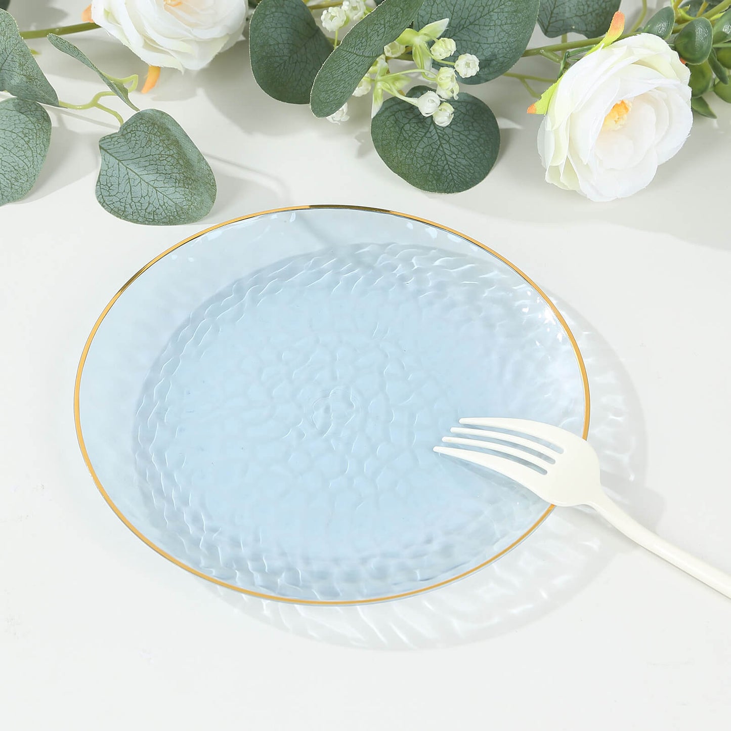 10 Pack Transparent Dusty Blue Hammered Plastic Salad Plates with Gold Rim, 7" Round Disposable Appetizer Dessert Plates