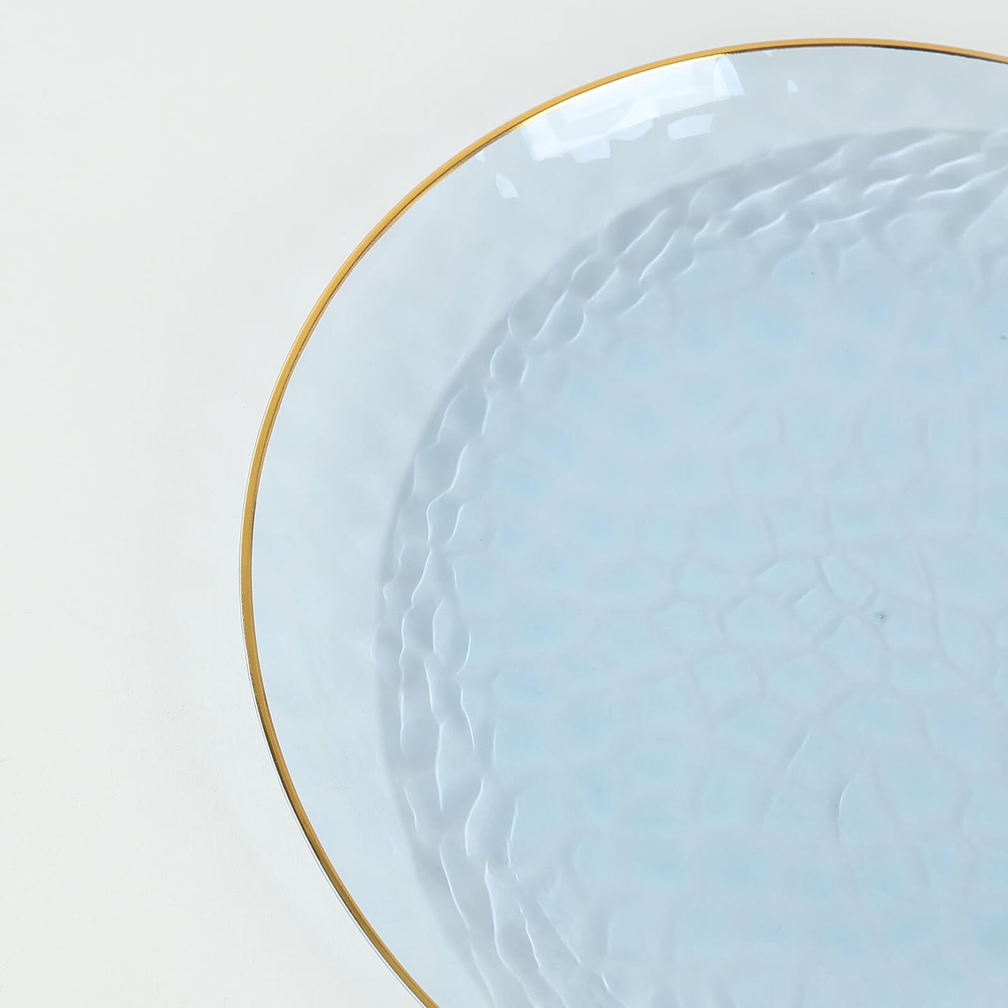 10 Pack Transparent Dusty Blue Hammered Plastic Salad Plates with Gold Rim, 7" Round Disposable Appetizer Dessert Plates