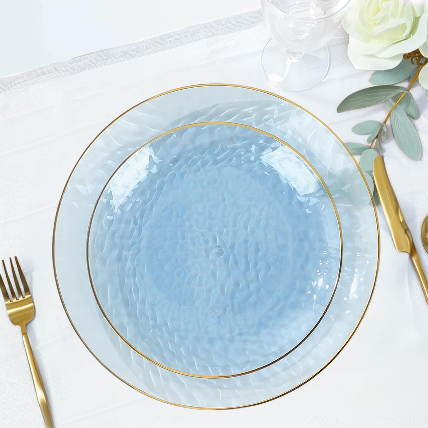 10 Pack Transparent Dusty Blue Hammered Plastic Salad Plates with Gold Rim, 7" Round Disposable Appetizer Dessert Plates