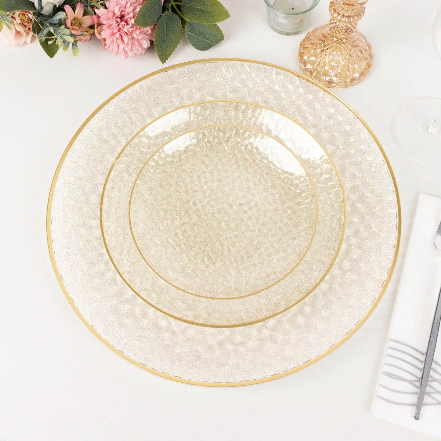 10 Pack Clear Hammered Economy Plastic Charger Plates With Glitter Gold Rim, 13" Round Dinner Chargers Event Tabletop Decor