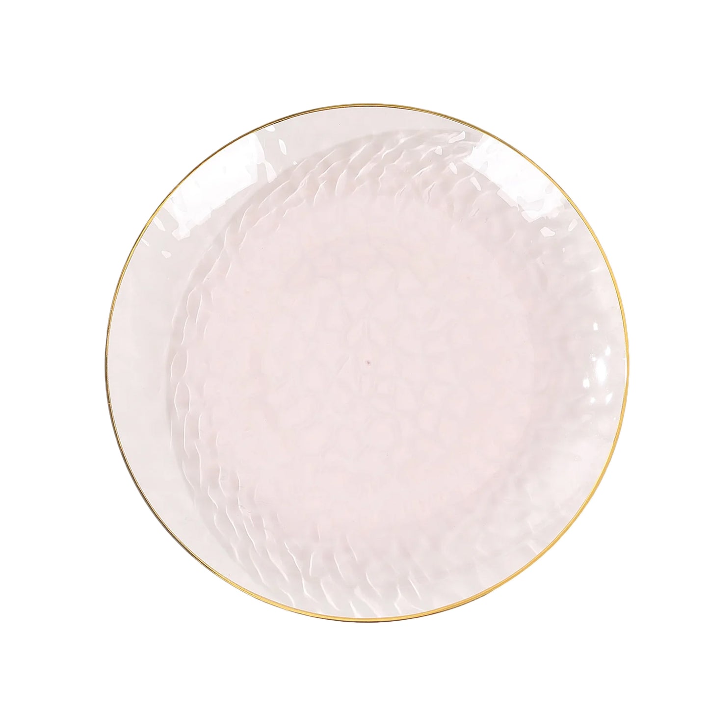 10 Pack Transparent Blush Hammered Plastic Party Plates With Gold Rim,  9" Round Disposable Dinner Plates