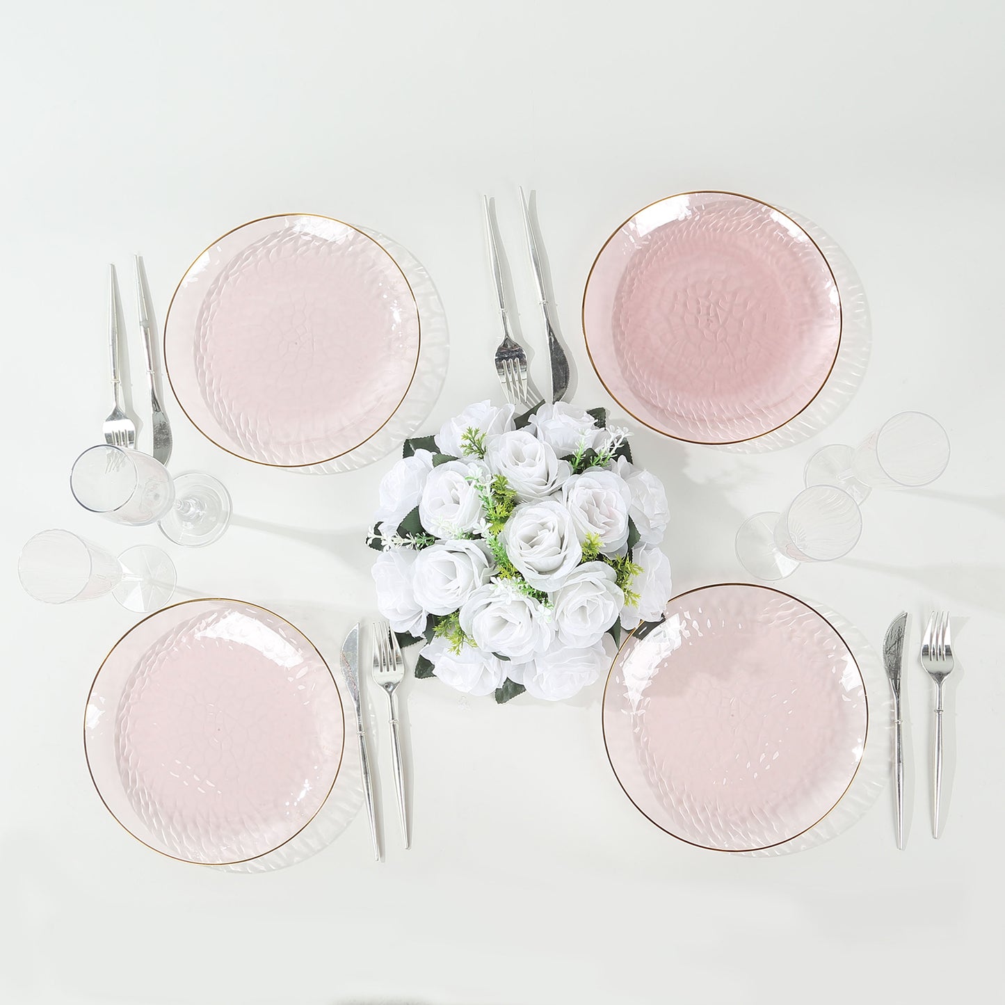 10 Pack Transparent Blush Hammered Plastic Party Plates With Gold Rim,  9" Round Disposable Dinner Plates