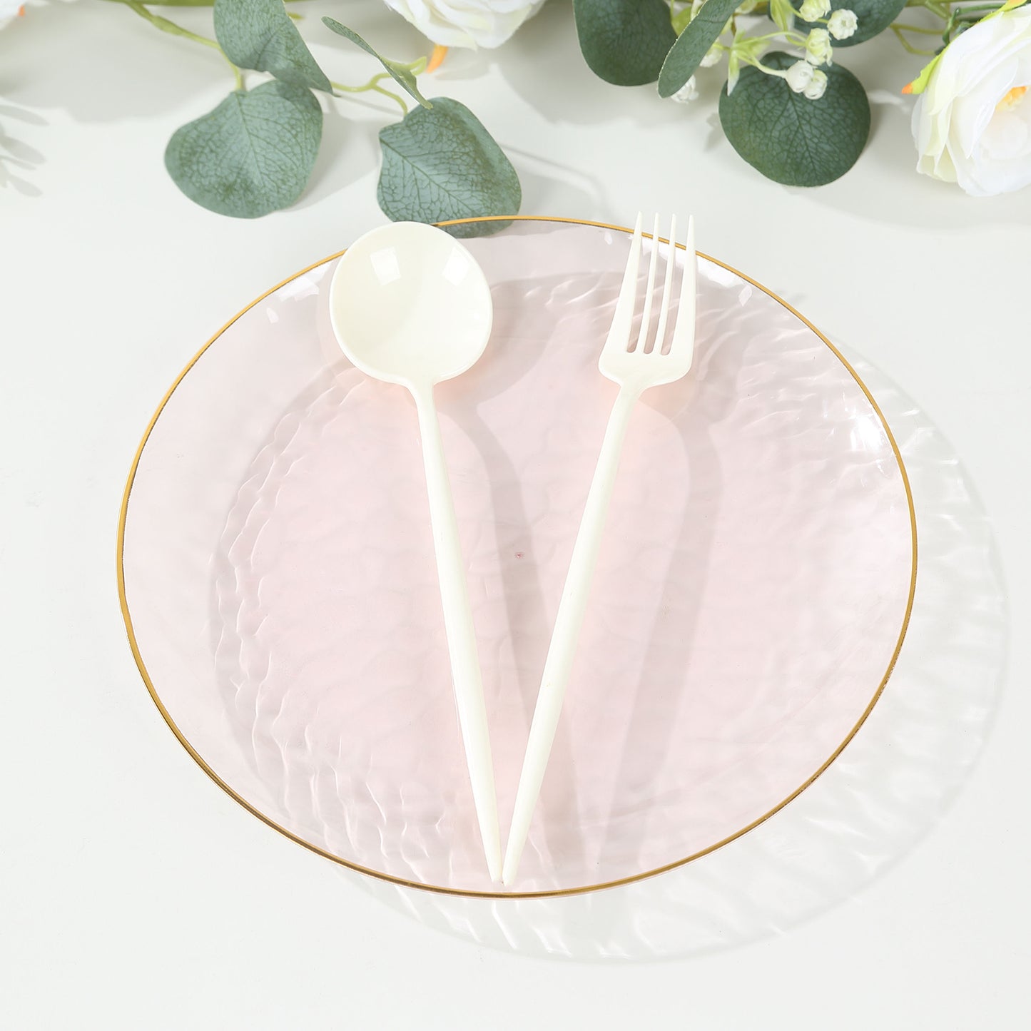 10 Pack Transparent Blush Hammered Plastic Party Plates With Gold Rim,  9" Round Disposable Dinner Plates