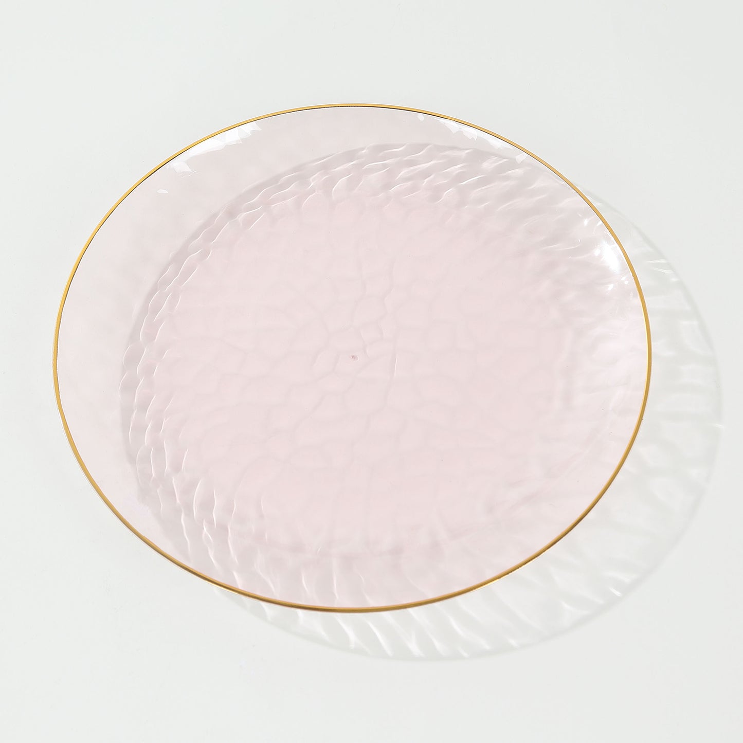 10 Pack Transparent Blush Hammered Plastic Party Plates With Gold Rim,  9" Round Disposable Dinner Plates