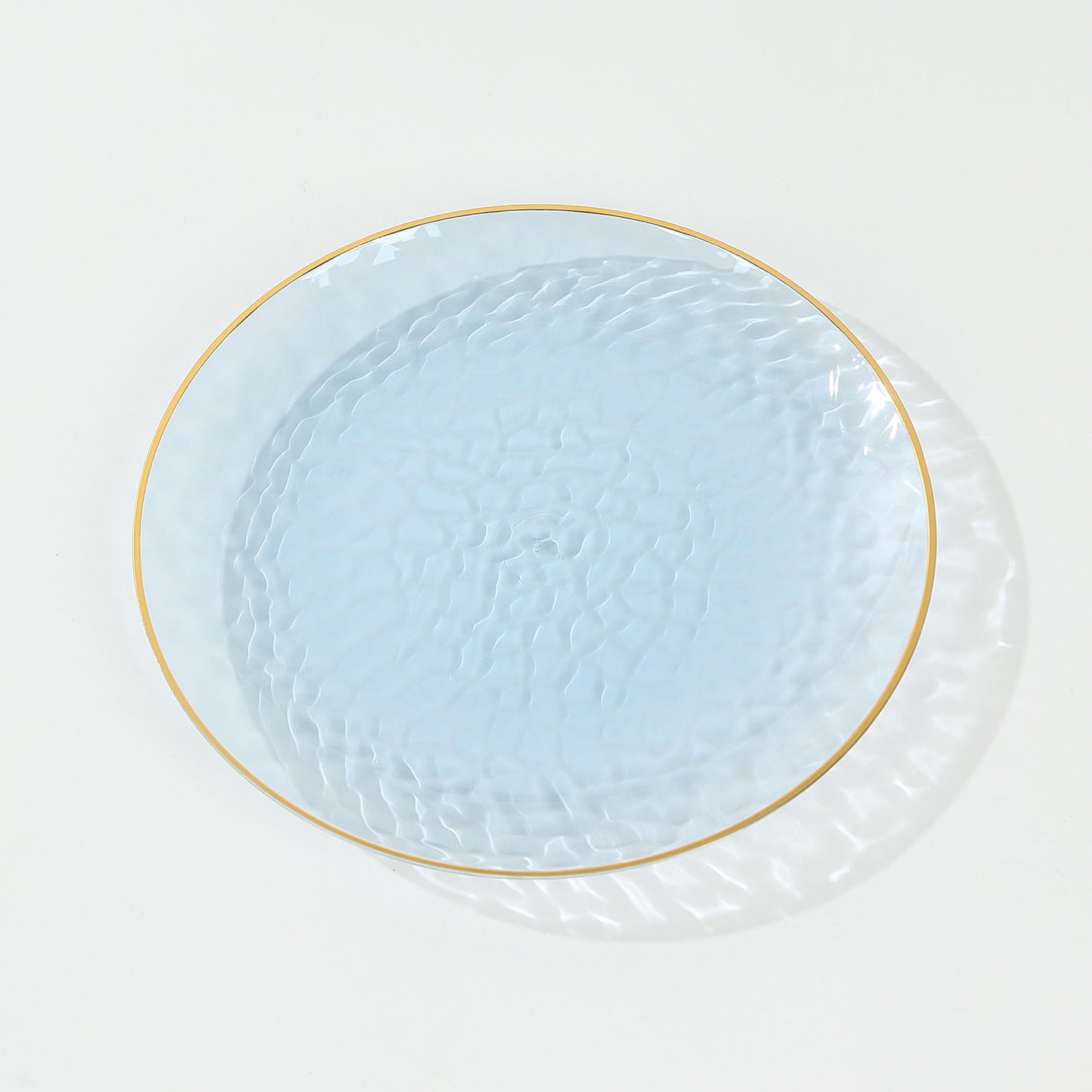 10 Pack Transparent Dusty Blue Hammered Plastic Party Plates With Gold Rim,  9" Round Disposable Dinner Plates