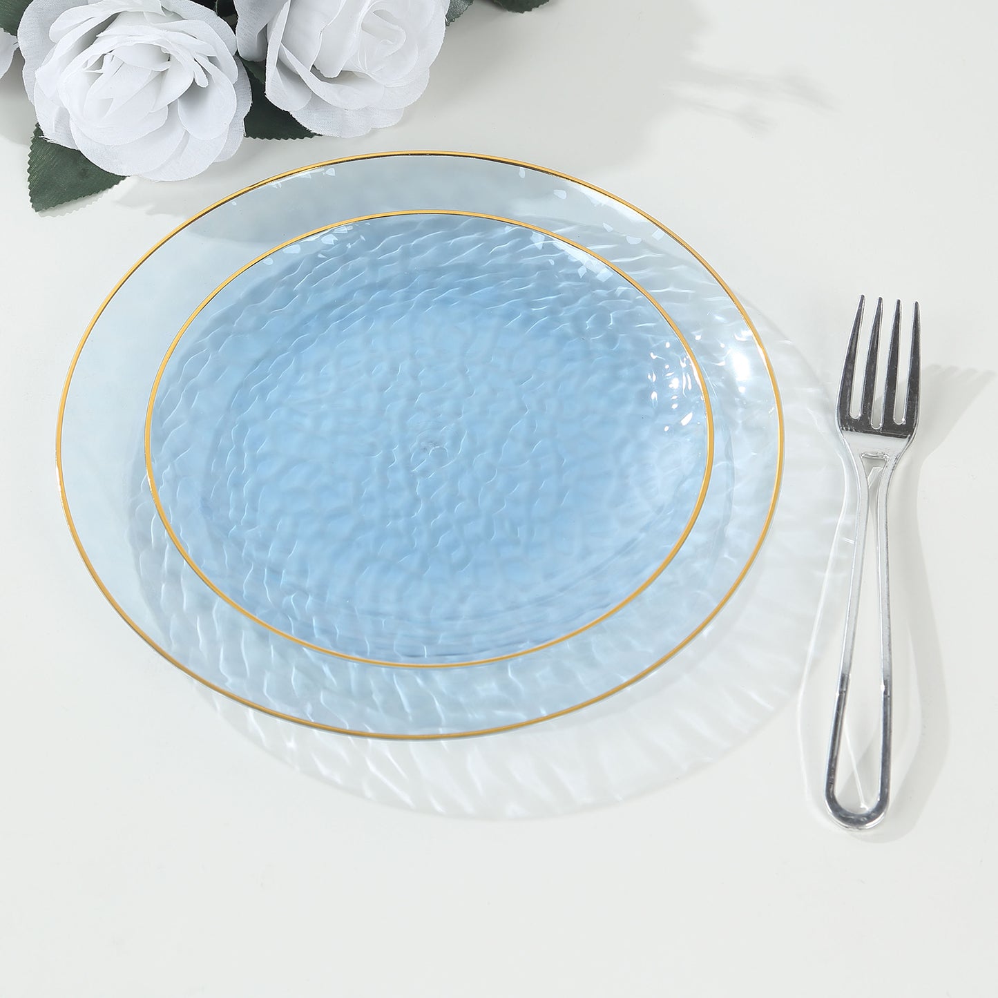 10 Pack Transparent Dusty Blue Hammered Plastic Party Plates With Gold Rim,  9" Round Disposable Dinner Plates