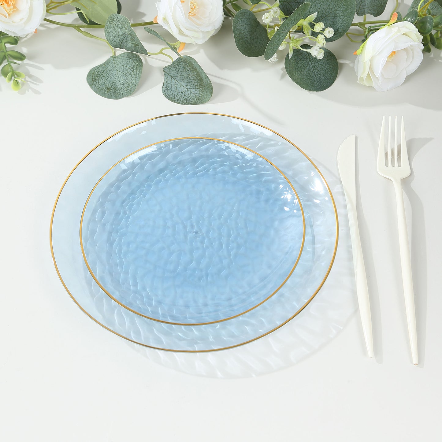 10 Pack Transparent Dusty Blue Hammered Plastic Party Plates With Gold Rim,  9" Round Disposable Dinner Plates