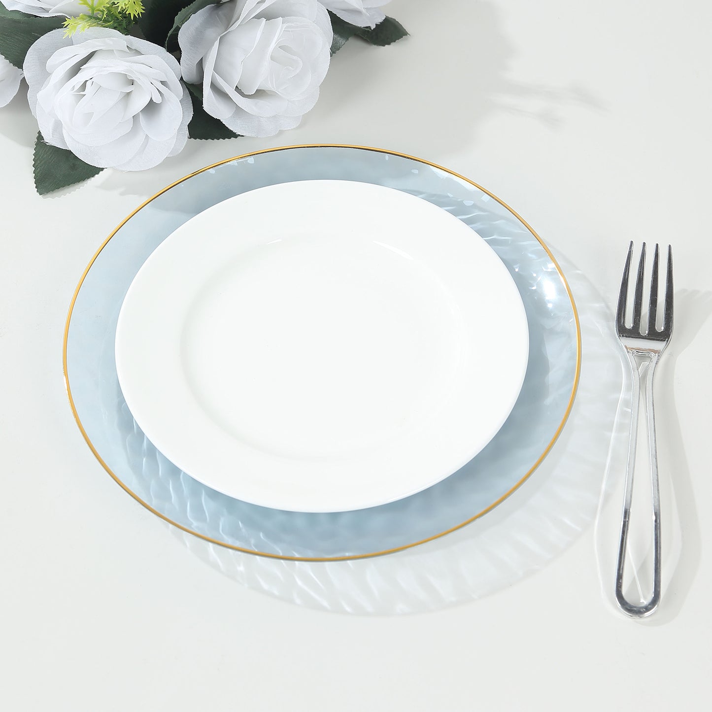 10 Pack Transparent Dusty Blue Hammered Plastic Party Plates With Gold Rim,  9" Round Disposable Dinner Plates