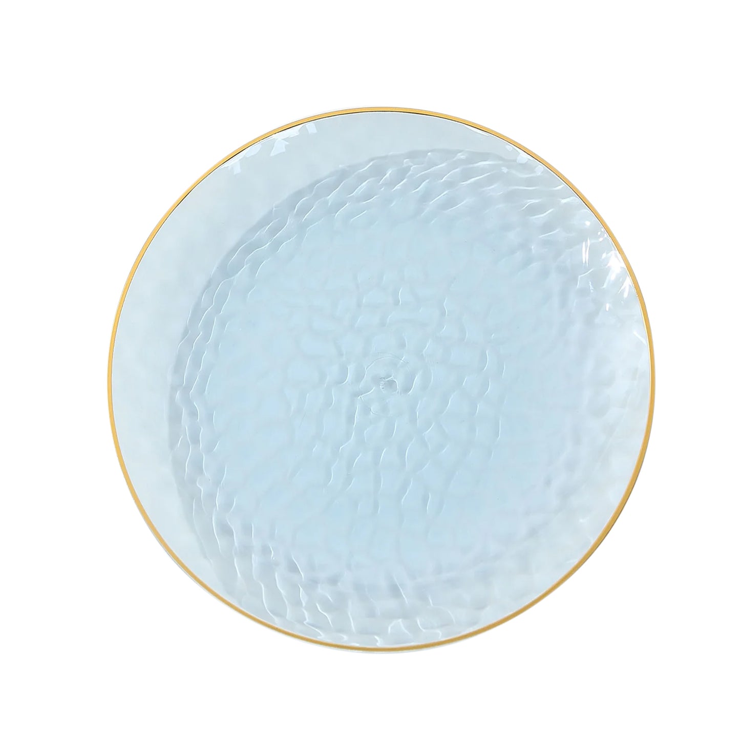 10 Pack Transparent Dusty Blue Hammered Plastic Party Plates With Gold Rim,  9" Round Disposable Dinner Plates