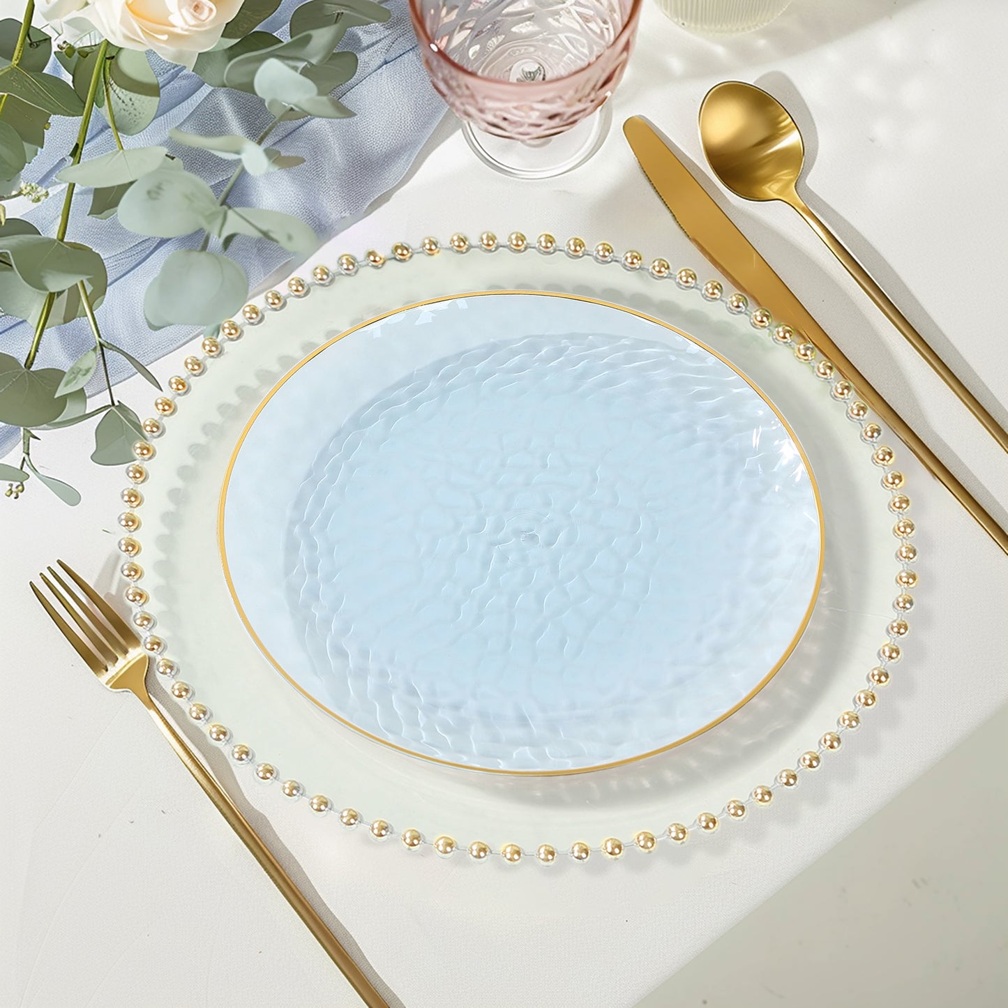 10 Pack Transparent Dusty Blue Hammered Plastic Party Plates With Gold Rim,  9" Round Disposable Dinner Plates