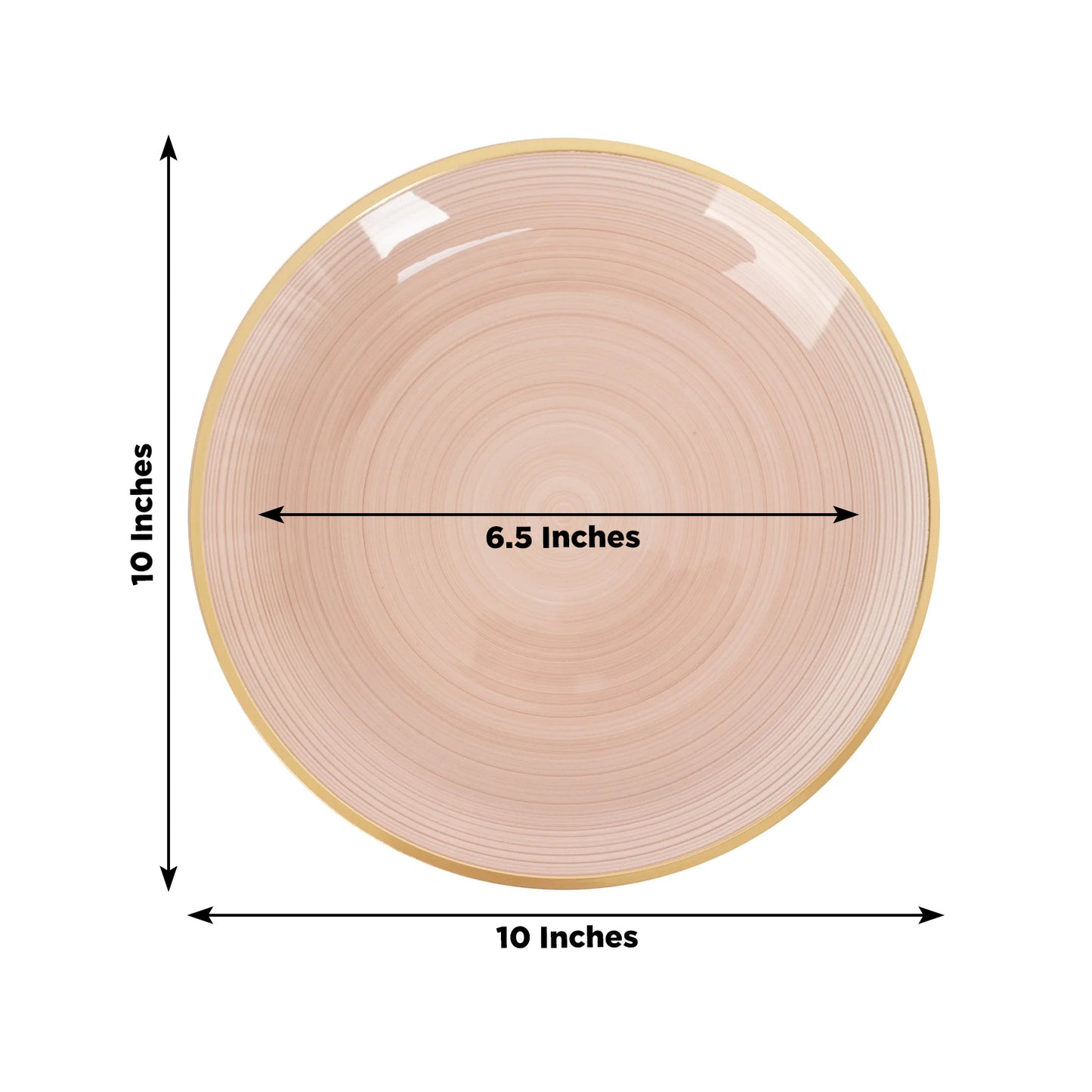 Dusty rose swirl plastic dinner plate with gold rim, 10 inches round.