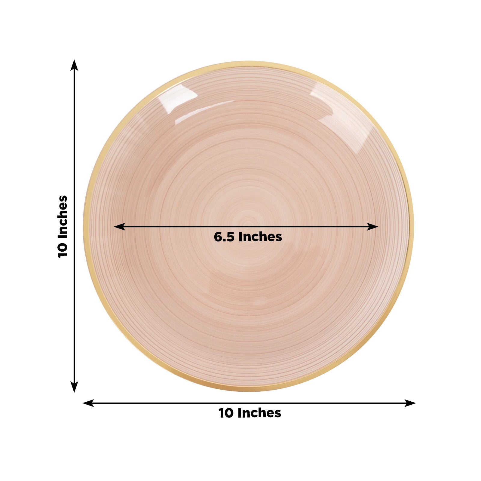Dusty rose swirl plastic dinner plate with gold rim, 10 inches round.