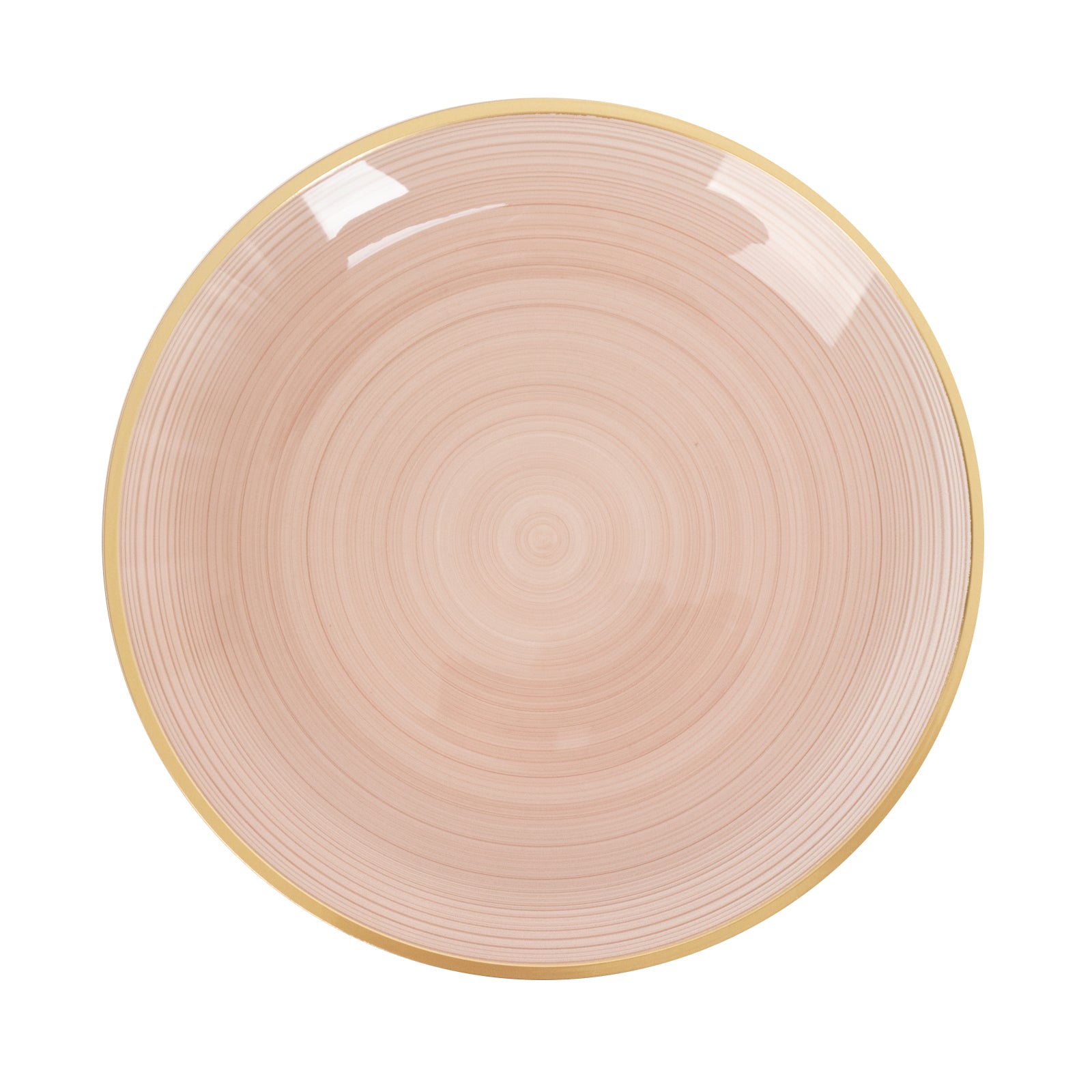 Transparent dusty rose swirl plate with gold rim. 10-inch elegant dinnerware.