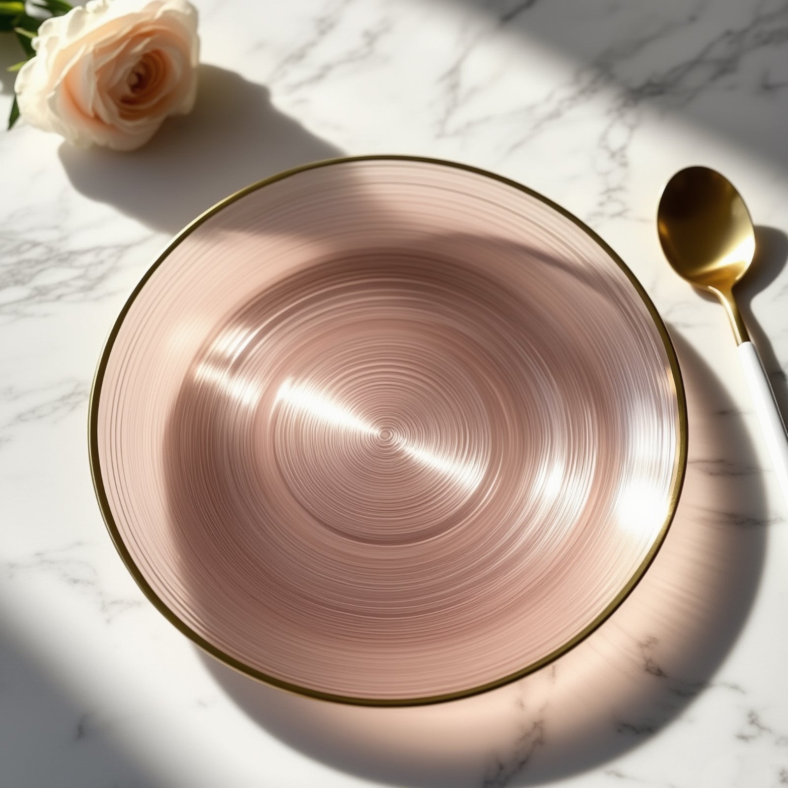 Dusty rose swirl plastic dinner plate with gold rim, elegant design for parties.