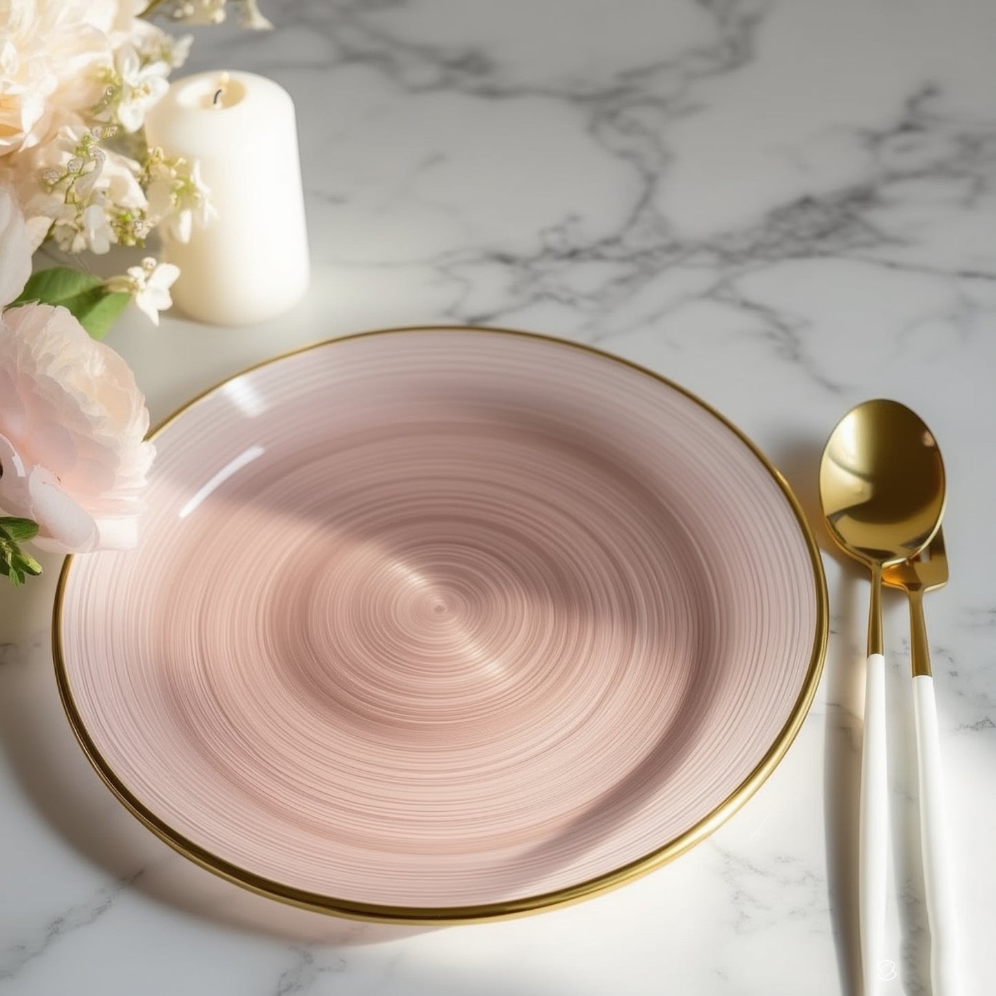 Dusty rose swirl plastic dinner plate with gold rim on marble surface.