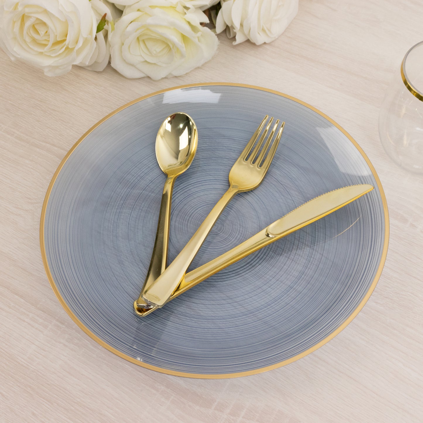 10" Round Transparent Dusty Blue Swirl Plate with Gold Rim and Cutlery