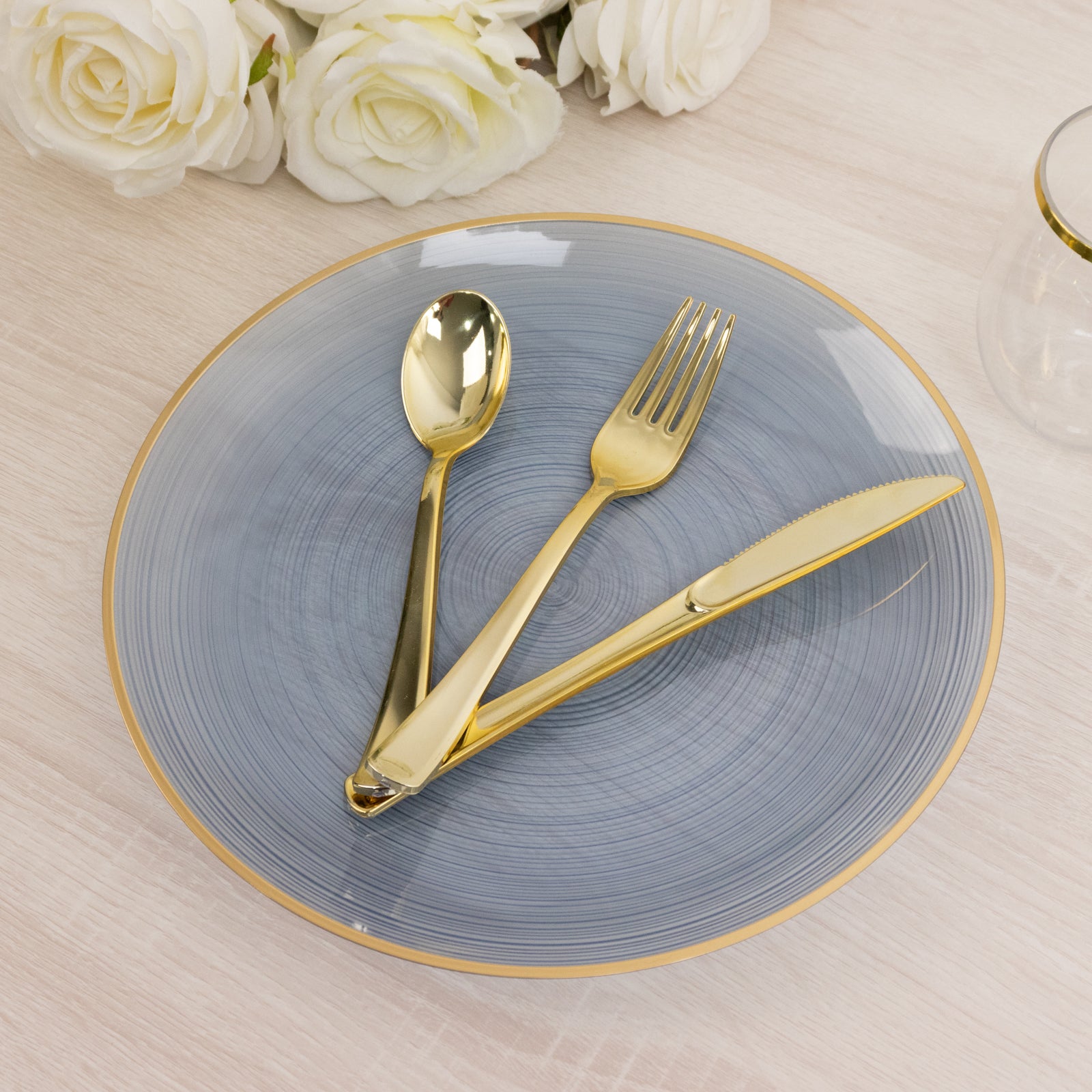 10" Round Transparent Dusty Blue Swirl Plate with Gold Rim and Cutlery