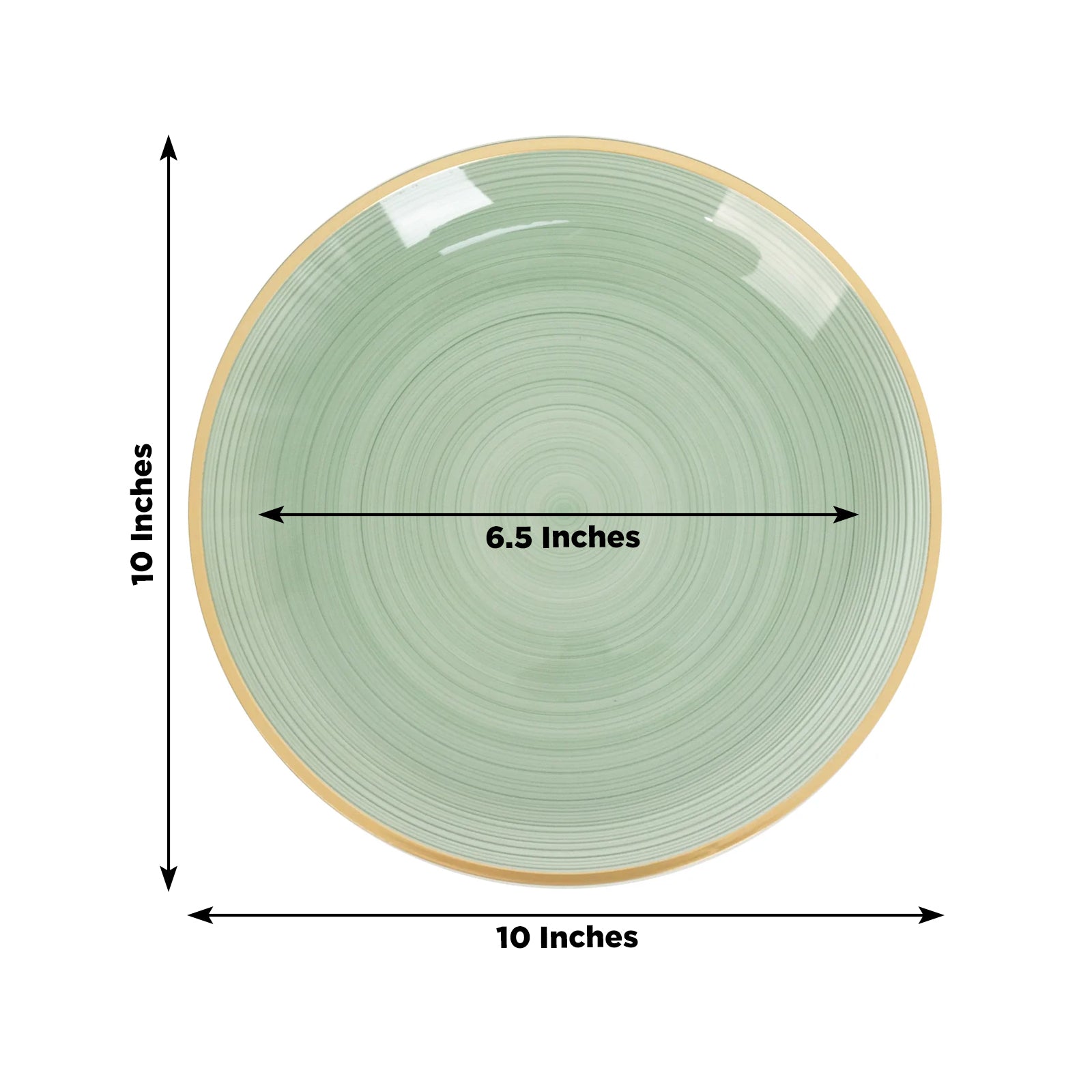 Dusty sage green swirl plastic dinner plate with gold rim, 10 inches.